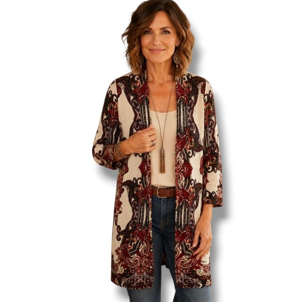 Chico's women's petites Paisley Open-Front Knit Duster Cardigan - small P (0P)