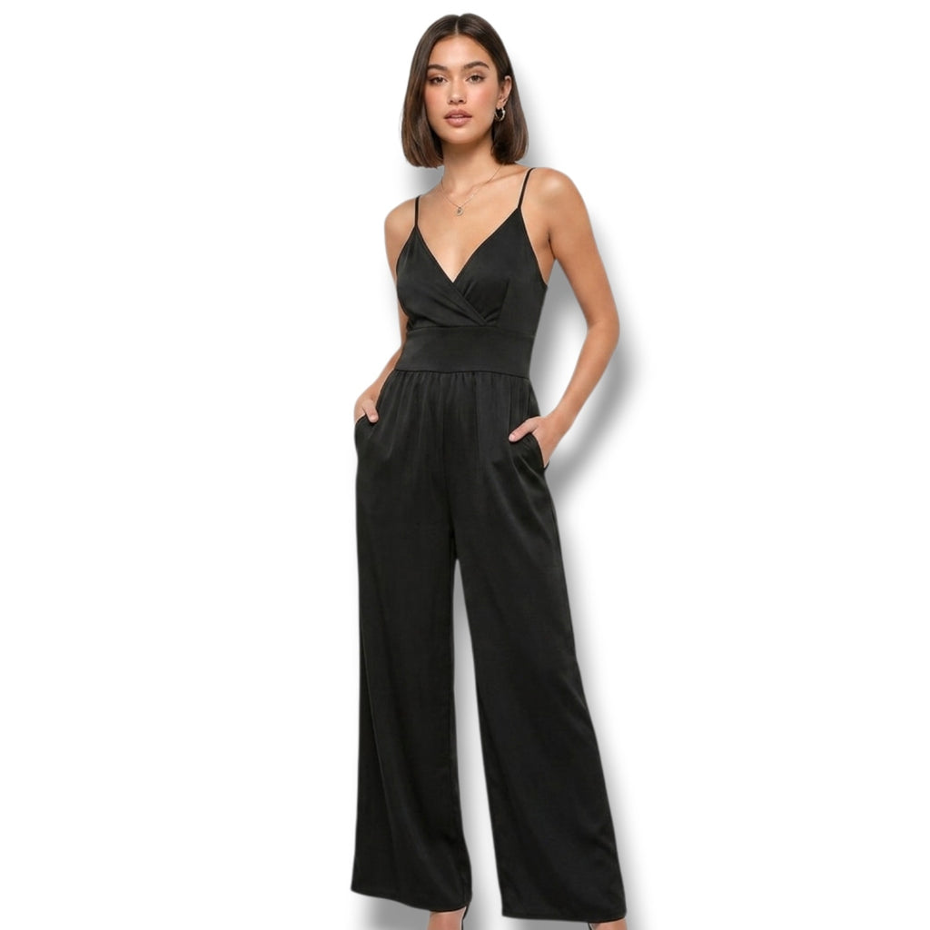 Women's Size Large Black Ribbed Knit Wide Leg Cami Jumpsuit