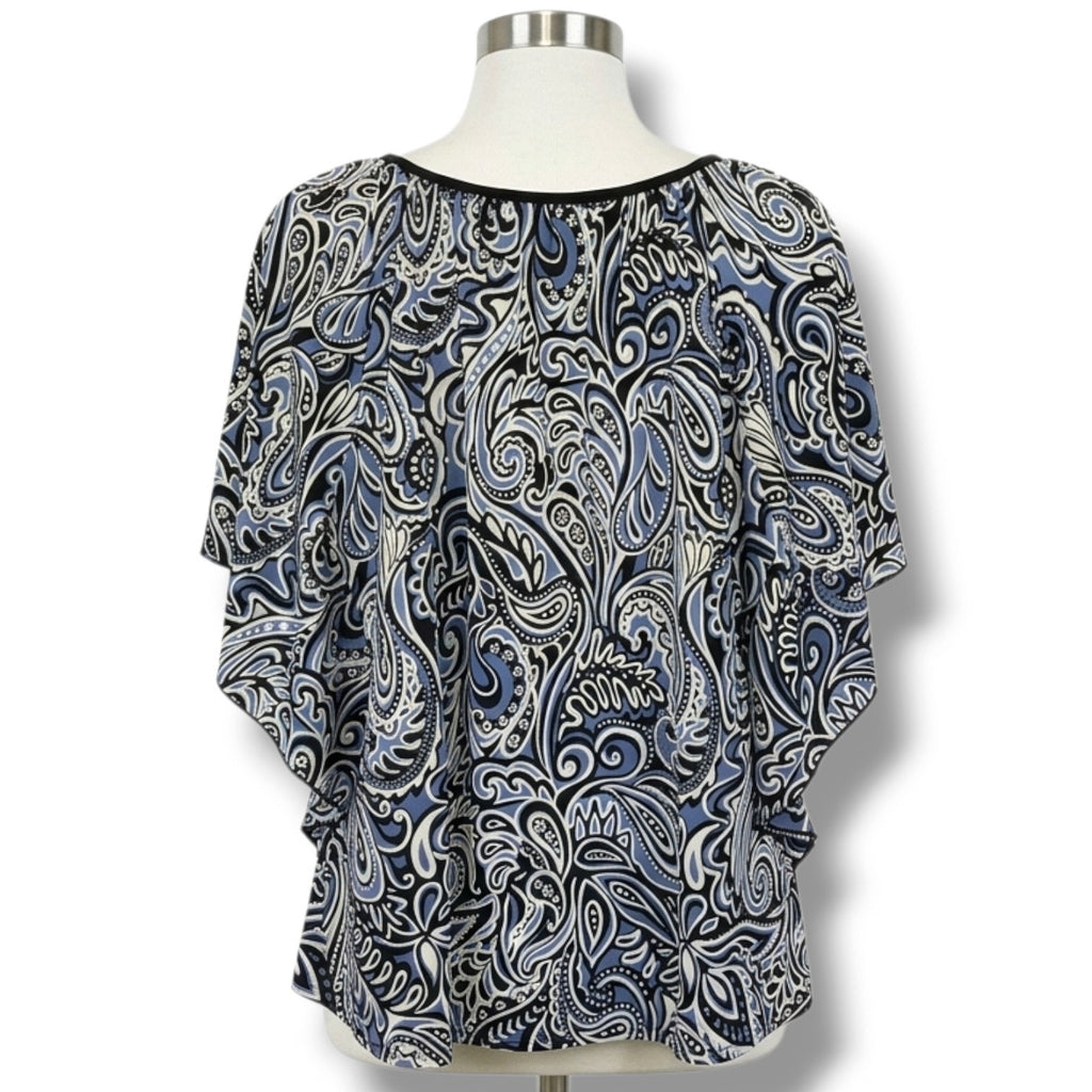 Notations Women’s Blue Black Paisley Print Blouse Medium Beaded Keyhole Top