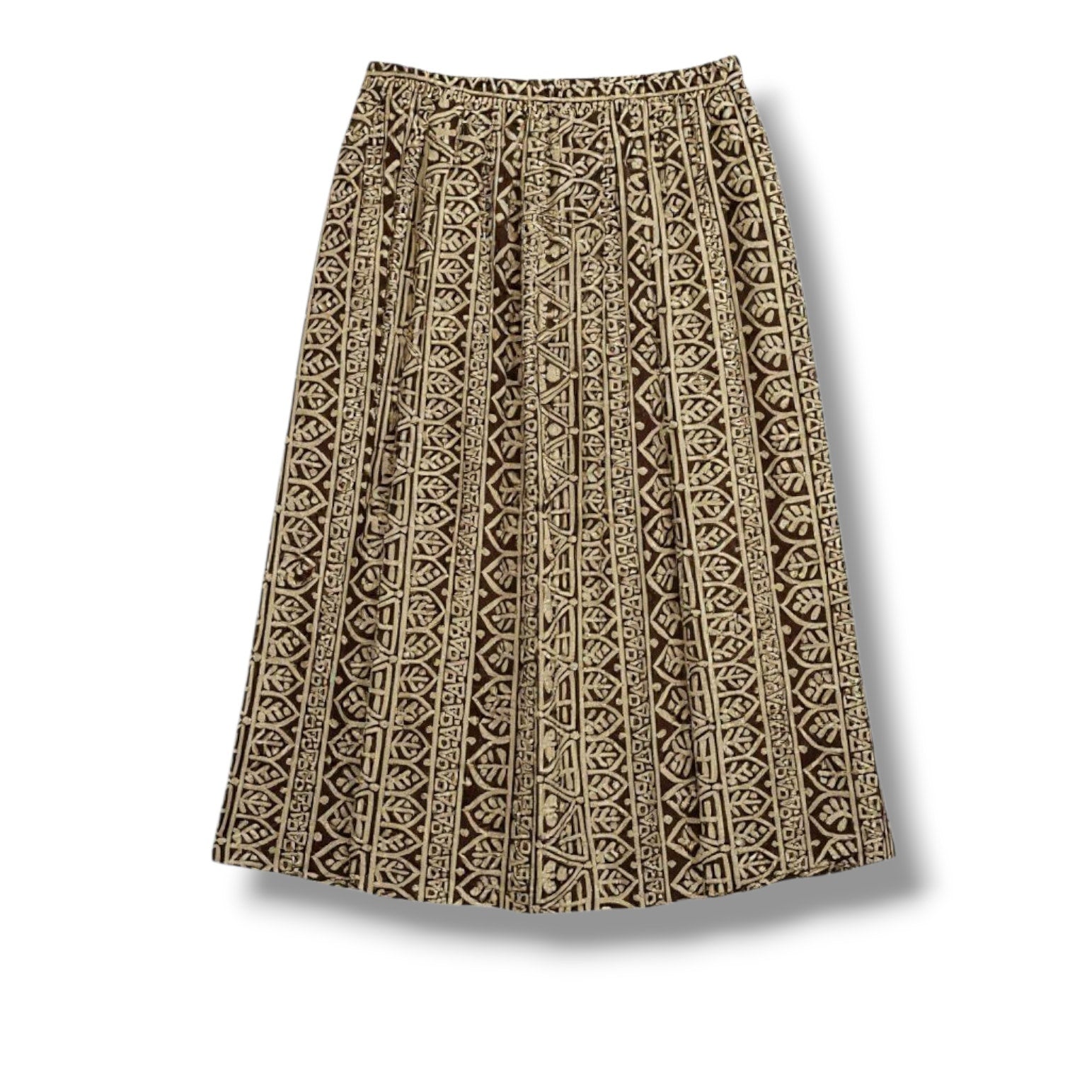 Leslie Fay Vintage Midi Skirt Size 14 Brown Cream Geometric Elastic Waist