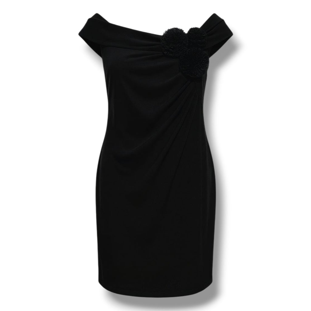 Connected Apparel Women’s Black Off-Shoulder Floral Accent Dress