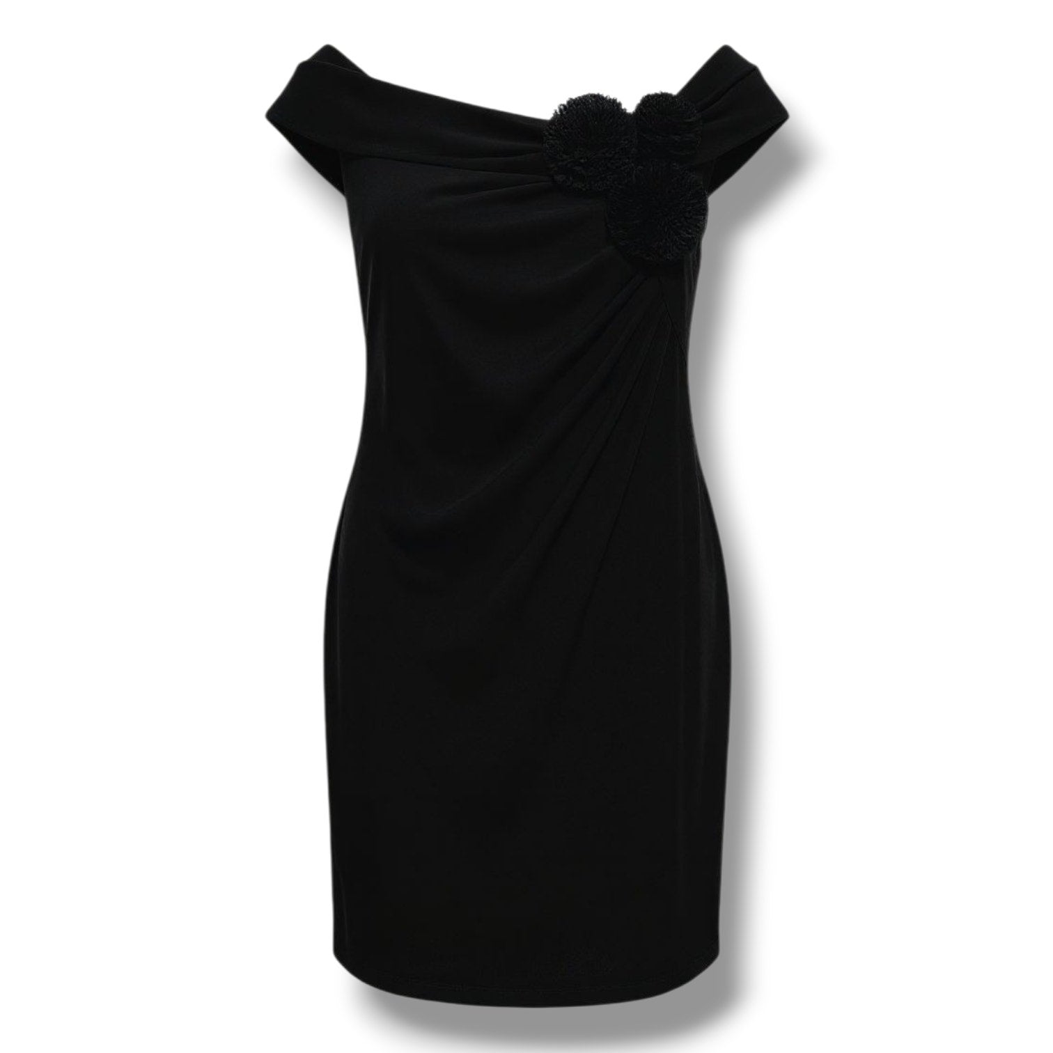 Connected Apparel Women’s Black Off-Shoulder Floral Accent Dress