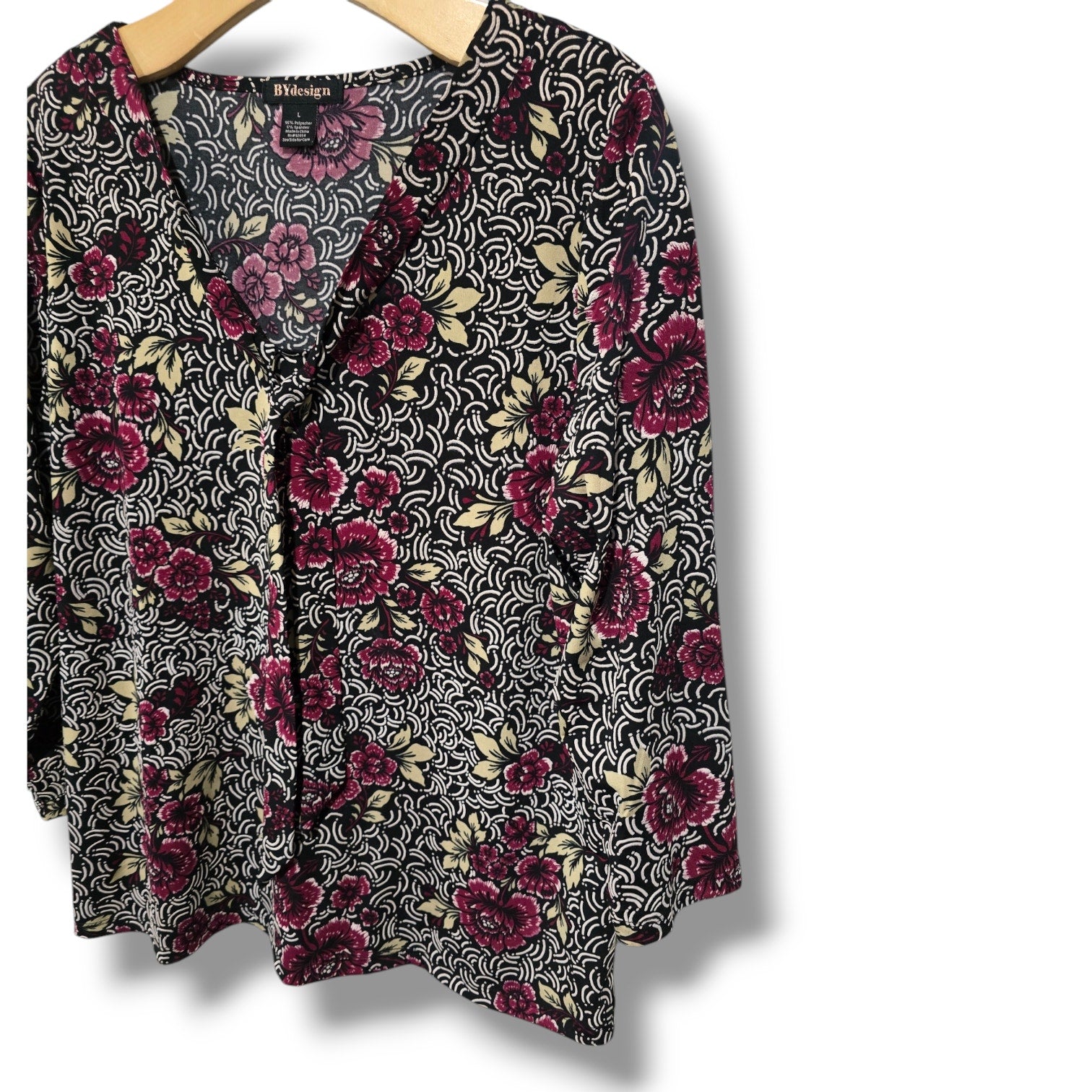 BYdesign Women’s Vintage Multicolor Floral Tie-Neck Long Sleeve Blouse – Large