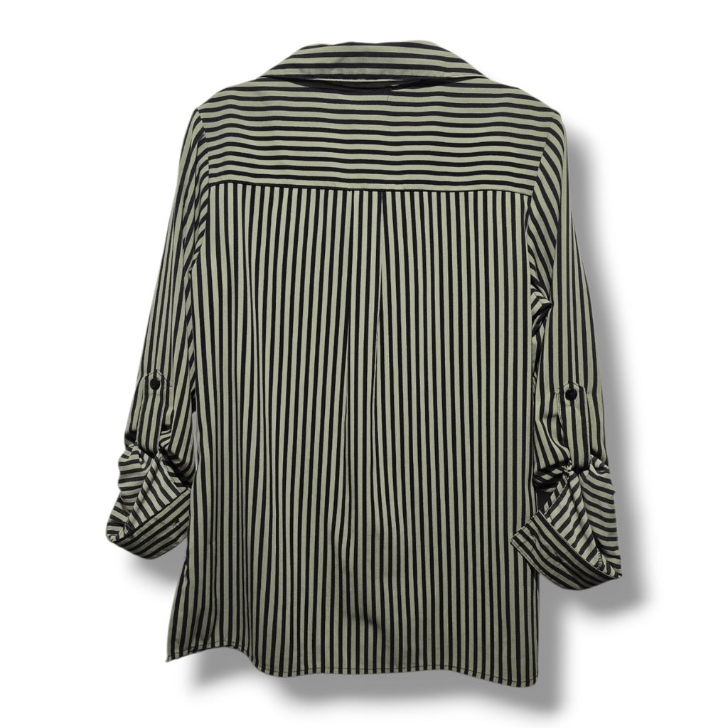 Elementz women's Green & Black Vertical Striped Button Down Blouse Size Small