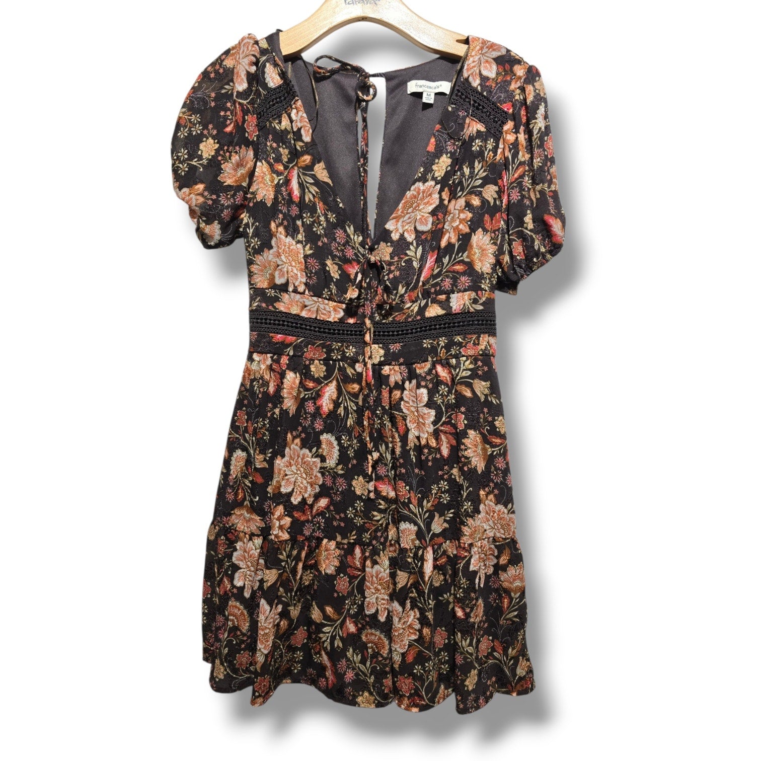 Francesca's Women's Size Medium Brown Boho Floral Puff Sleeve Mini Dress