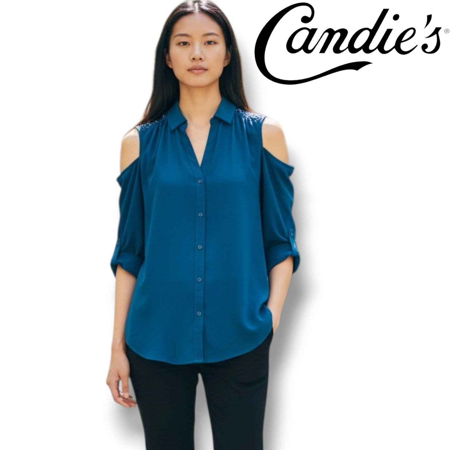 Candie's Size Medium Teal Blue Cold Shoulder Button Down Blouse Embellished