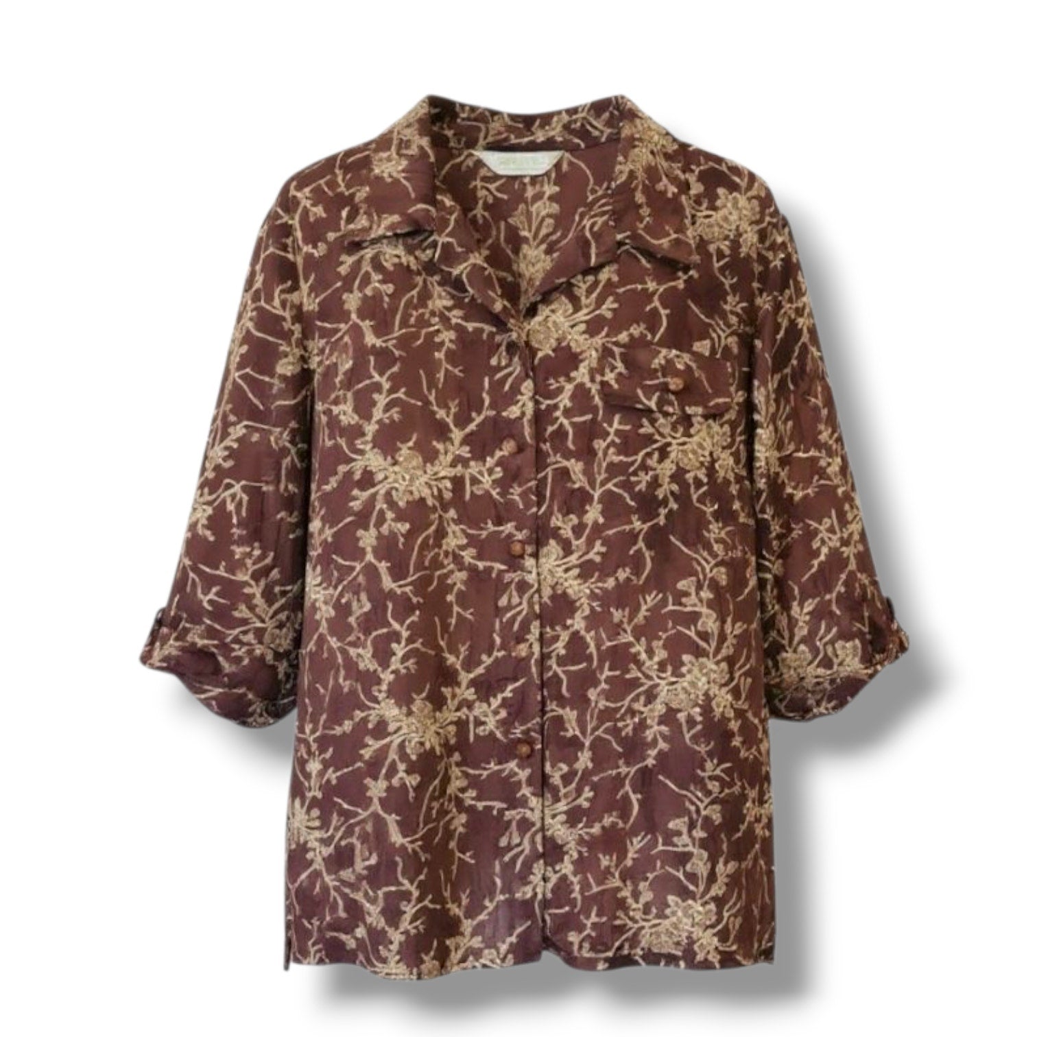 Ryh Shin Brown Floral Button-Down Blouse – Medium, Vintage Style, Pre-Owned