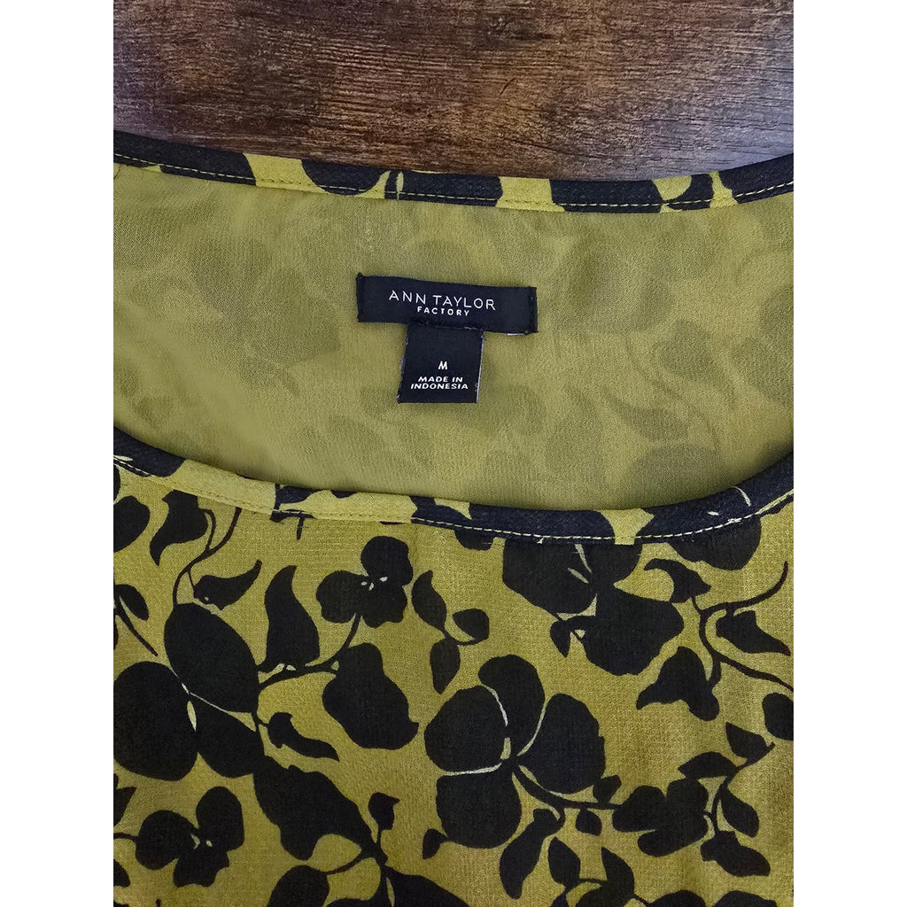 Ann Taylor Factory Women's Size Medium Chartreuse Yellow Black Floral Peplum Top