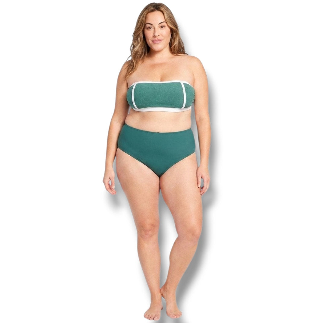 Kona Sol Plus Size Terry Textured Bandeau Bikini Top 1X Green White NWT