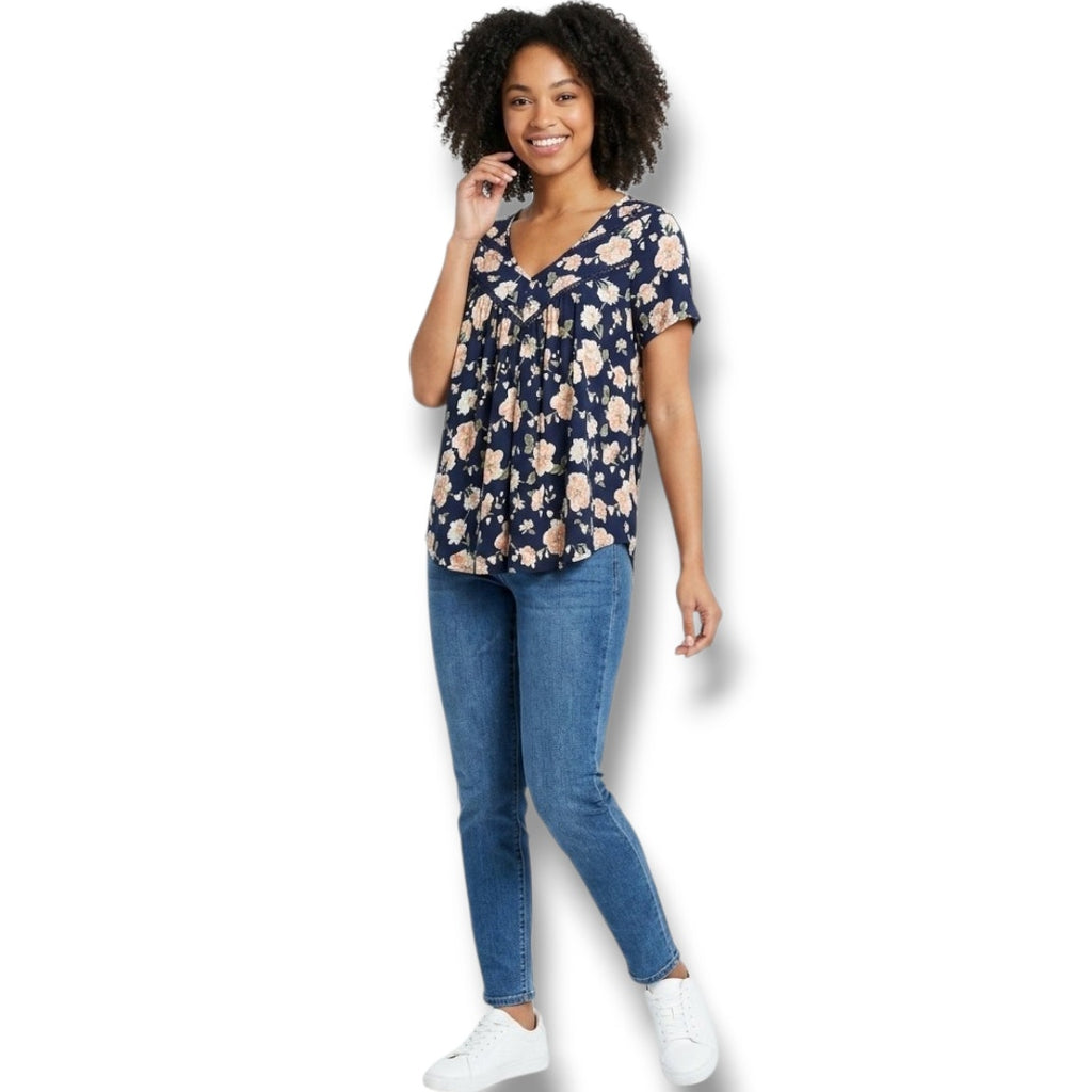 Sienna Sky Women’s Blue Floral Short Sleeve Blouse – Size Small, Polyester