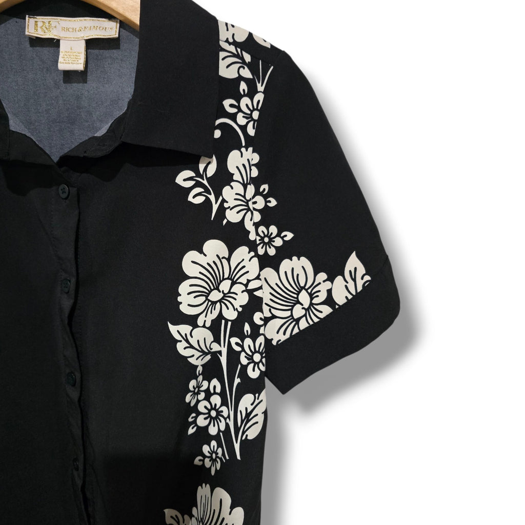 Rich & Famous Black Floral Button-Front Tie Hem Top – Size Large