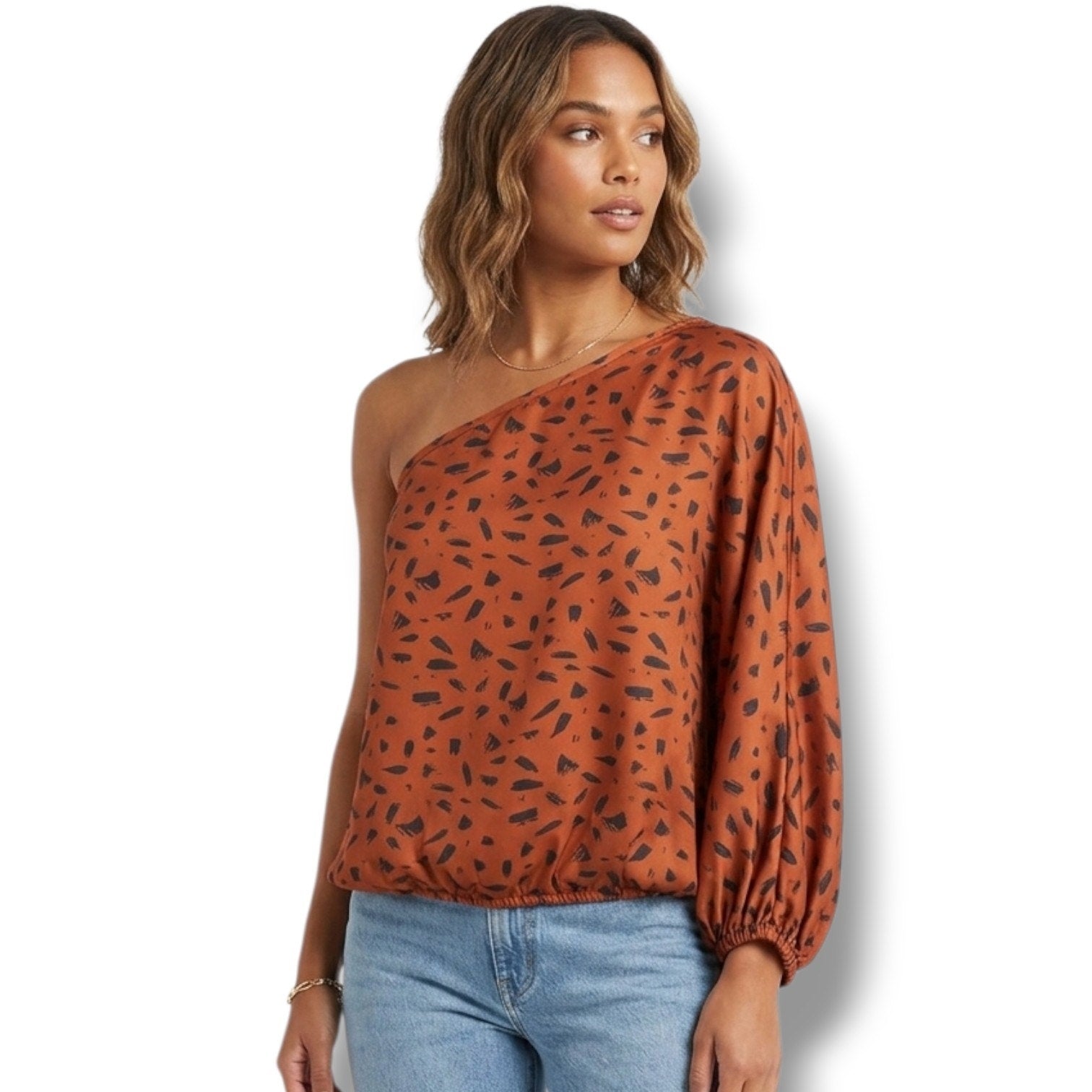 Tyche Women’s Asymmetrical Blouse – One-Sleeve Bubble Hem Abstract Print Top