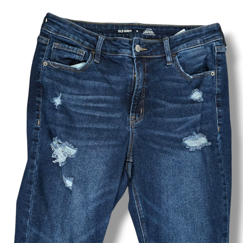 Old Navy Women’s High Rise Rockstar Super Skinny Distressed Raw Hem Jeans Sz 12