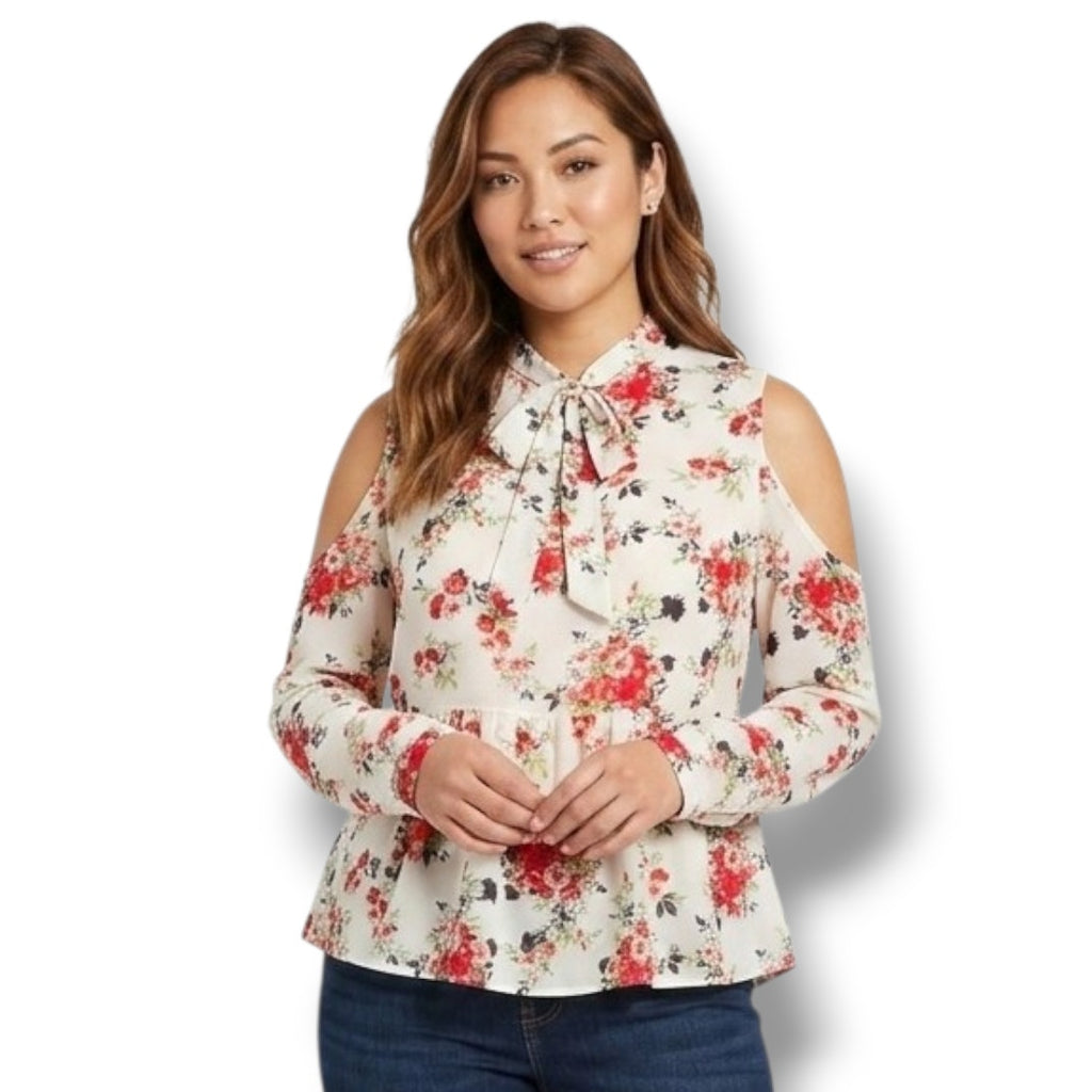 Ban Jara Women’s Floral Cold Shoulder Peplum Blouse – XS, Polyester, Gently Used