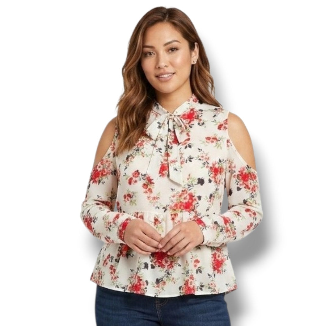 Ban Jara Women’s Floral Cold Shoulder Peplum Blouse – XS, Polyester, Gently Used