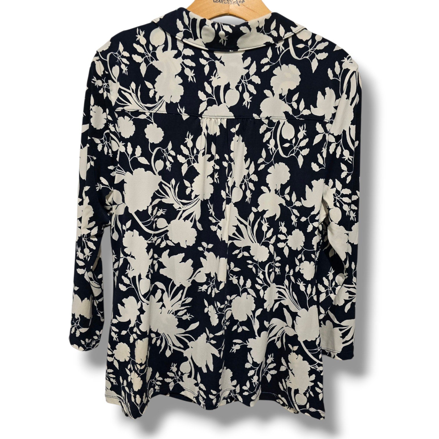 Charter Club Women’s Floral Print Blouse Midnight Blue White Button Front Top L