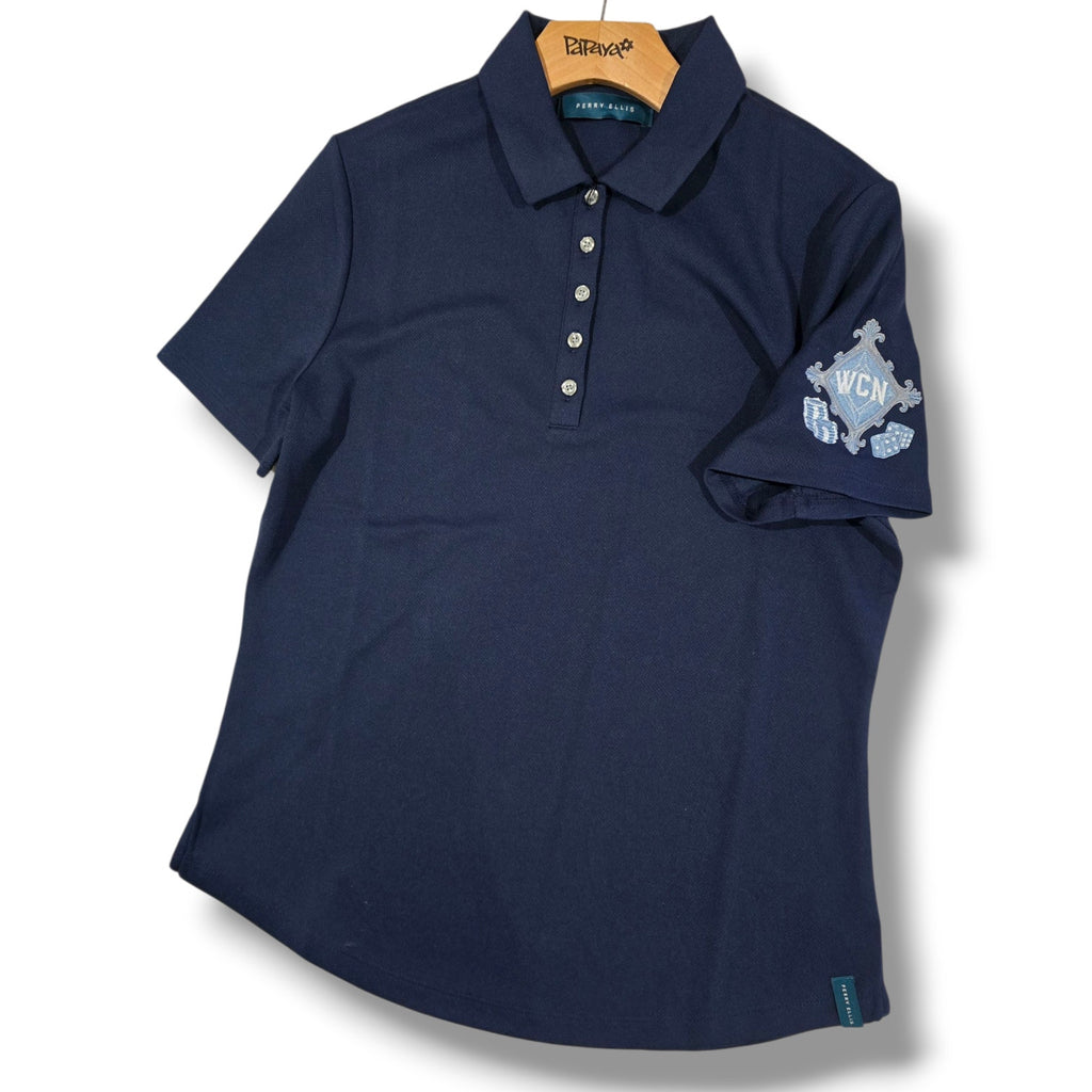Perry Ellis women’s Navy Blue Polo Shirt WCN Crest Logo – Size M, Short Sleeve