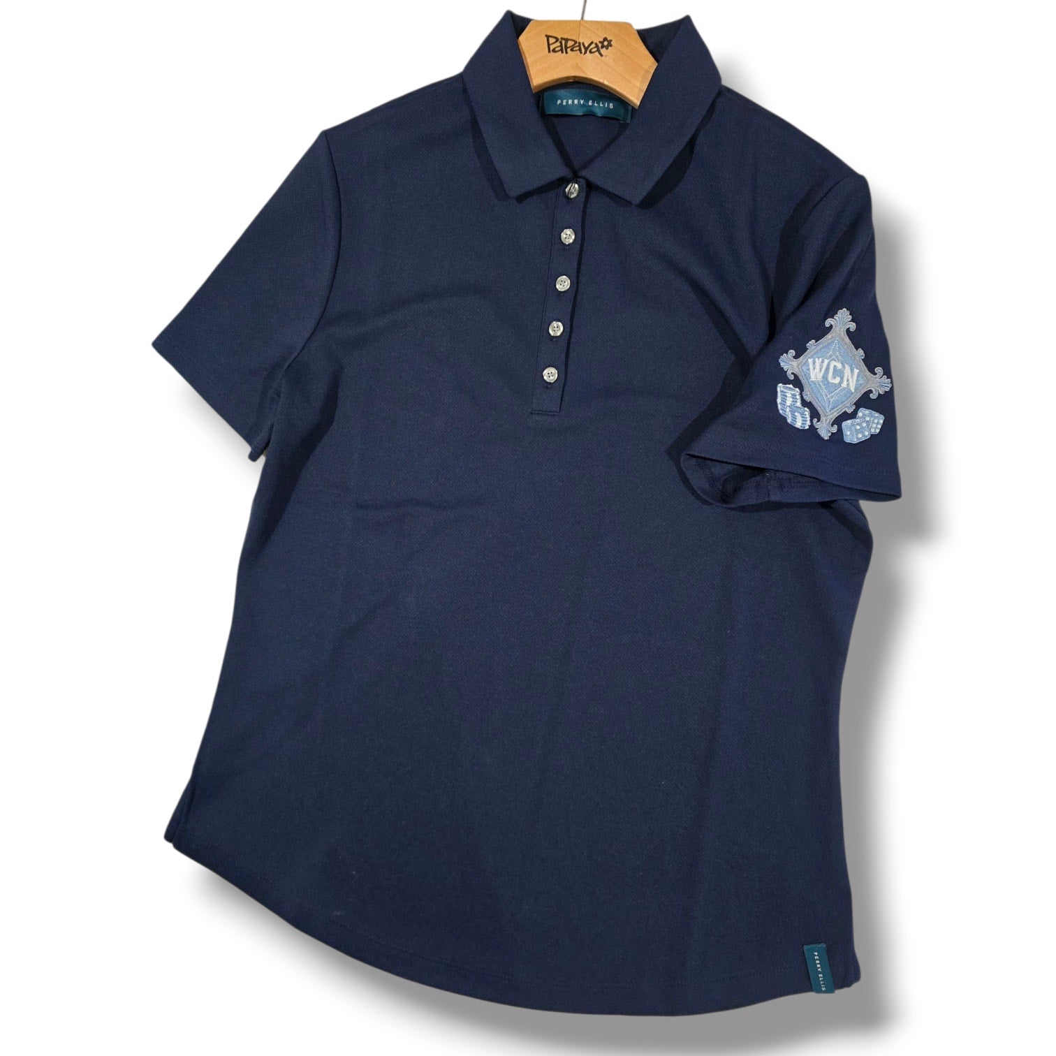 Perry Ellis women’s Navy Blue Polo Shirt WCN Crest Logo – Size M, Short Sleeve