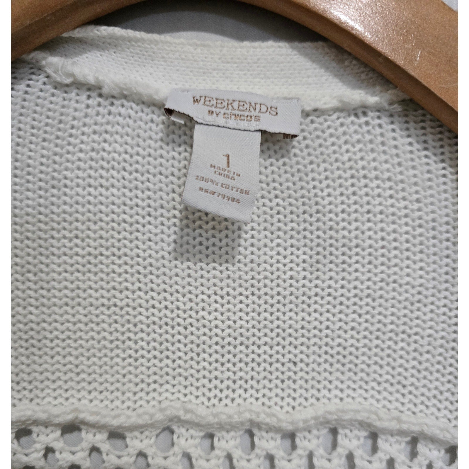 Weekends by Chico's White Open Crochet Knit Cardigan
