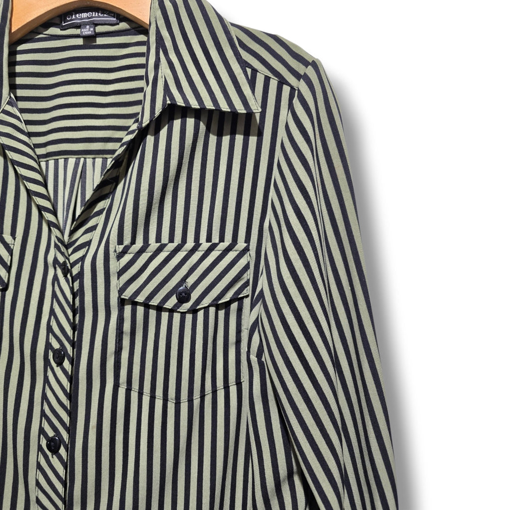 Elementz women's Green & Black Vertical Striped Button Down Blouse Size Small