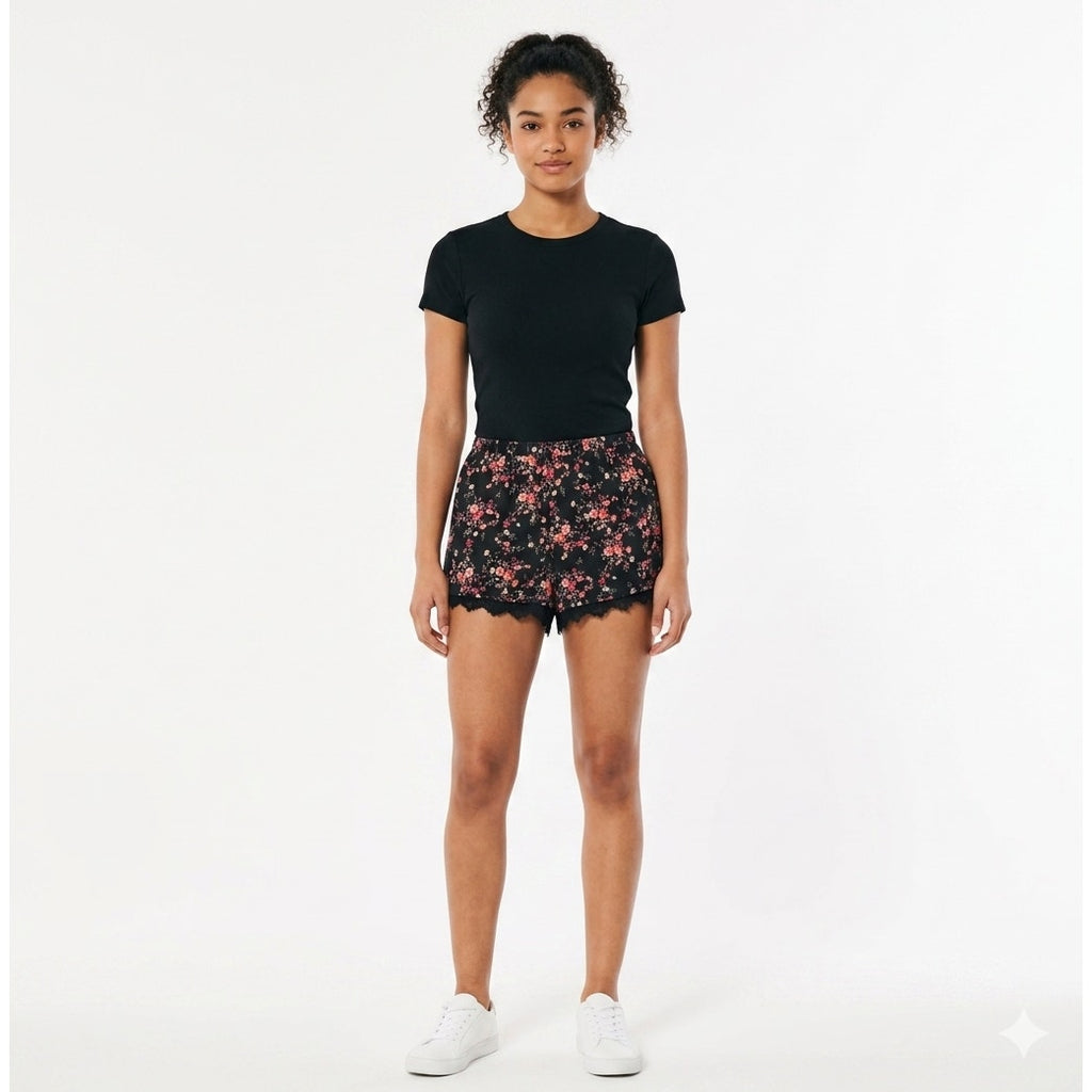 Socialite Women’s Black Floral Lace Hem Dressy Shorts Small