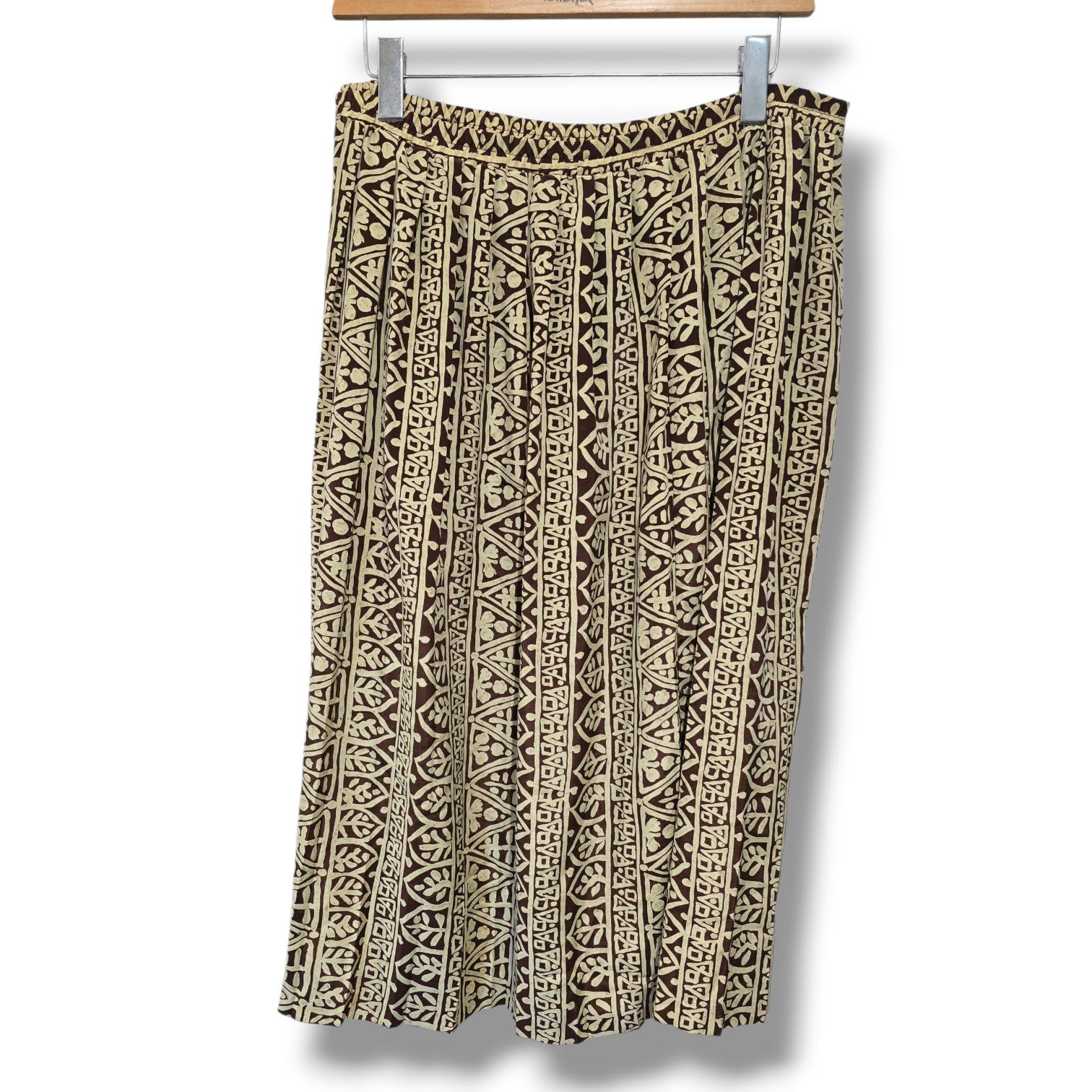 Leslie Fay Vintage Midi Skirt Size 14 Brown Cream Geometric Elastic Waist