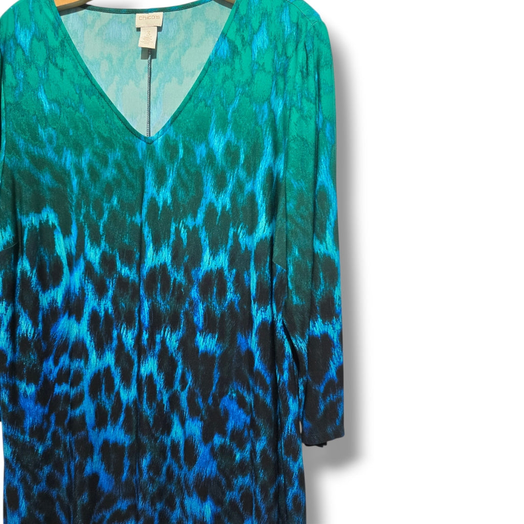 Chico's Women's Size 3 (XL) Blue Green Ombre Leopard Print V-Neck Sheath Dress