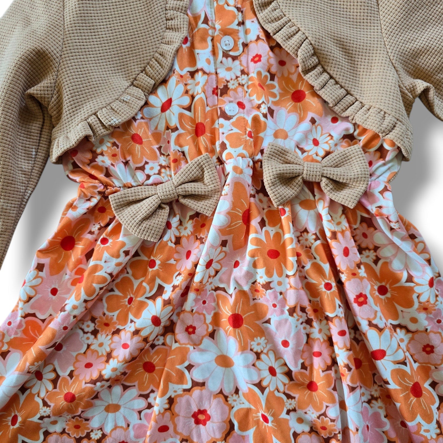 Vintage Style Floral Girls Dress with Bolero Cardigan Size 120 (6-7) Orange