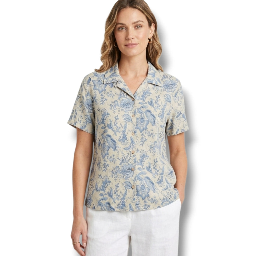 Charter Club Woman Size 16W Blue Beige Floral 100% Linen Button Down Shirt