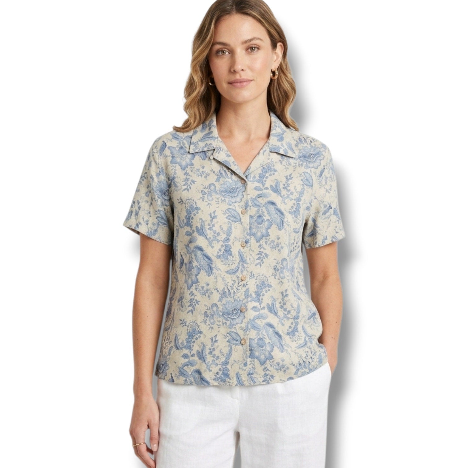 Charter Club Woman Size 16W Blue Beige Floral 100% Linen Button Down Shirt