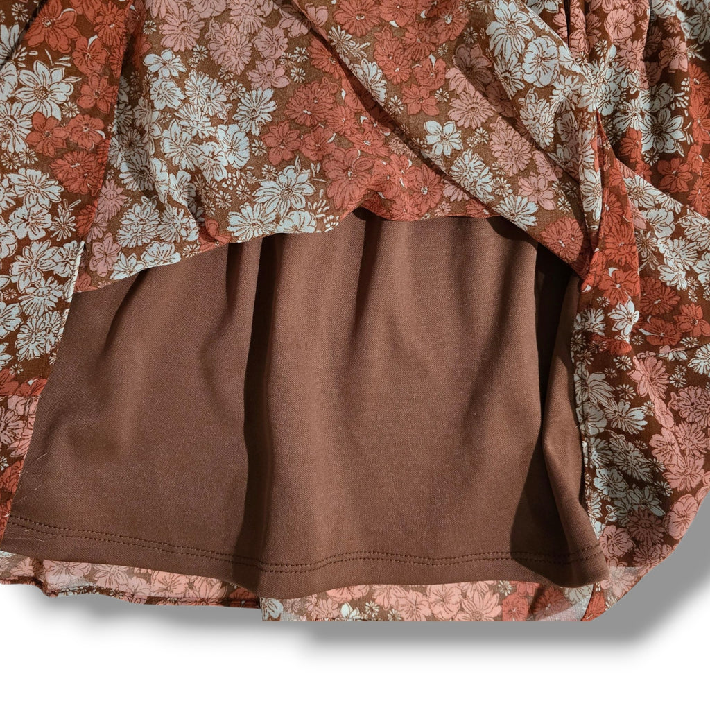 Socialite Floral Long Sleeve Smocked Waist Mini Dress – Rust Brown XS NWT