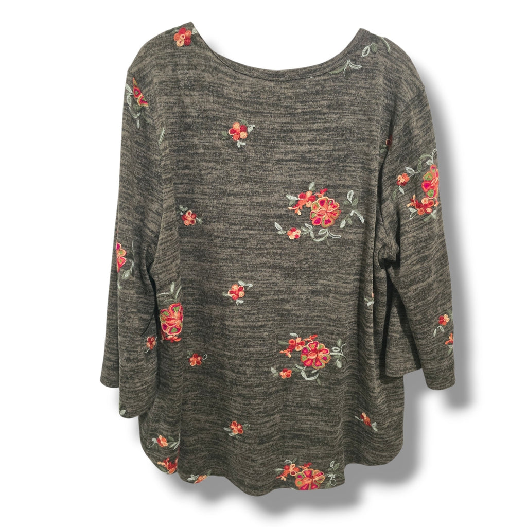 Fig & Flower women's Olive Heather Floral Embroidered Tie-Front top