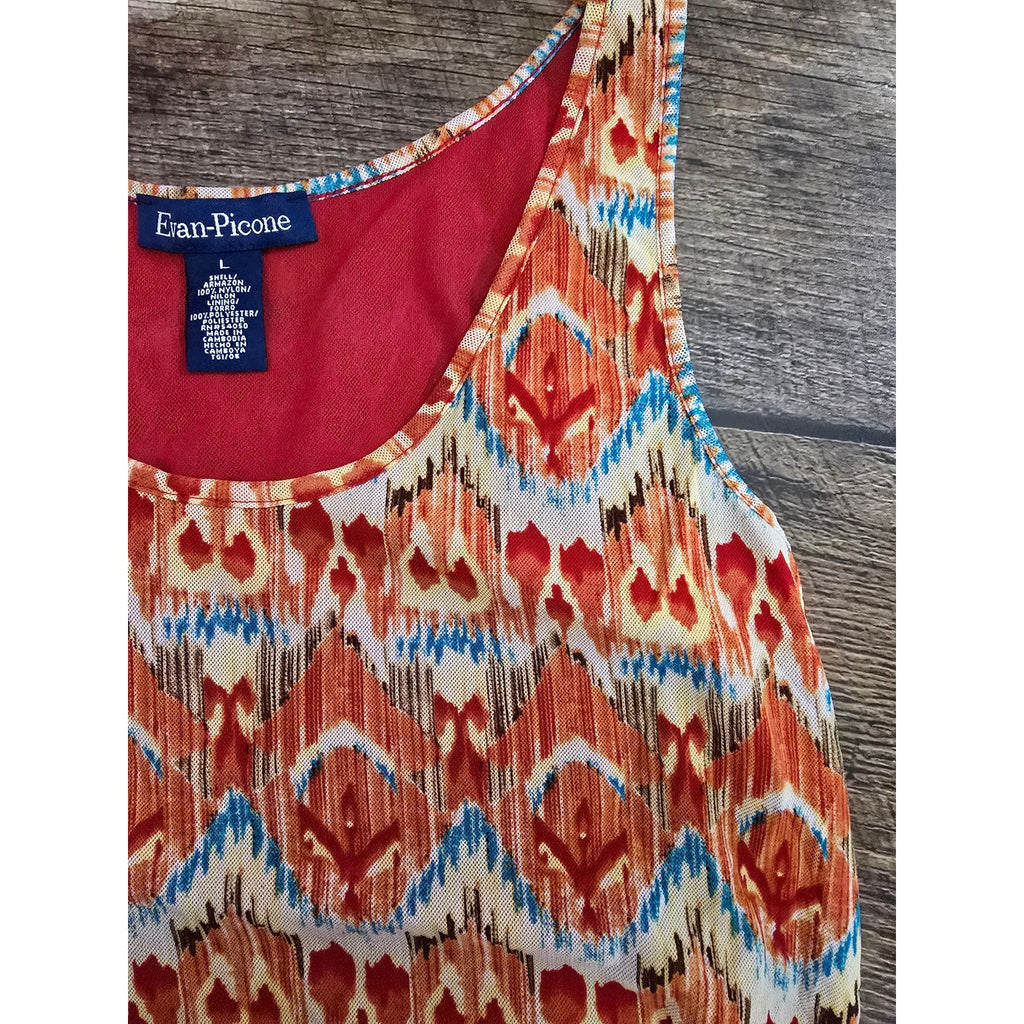 Evan-Picone Orange Ikat Mesh Overlay Tank Top Lined Sleeveless Blouse Large