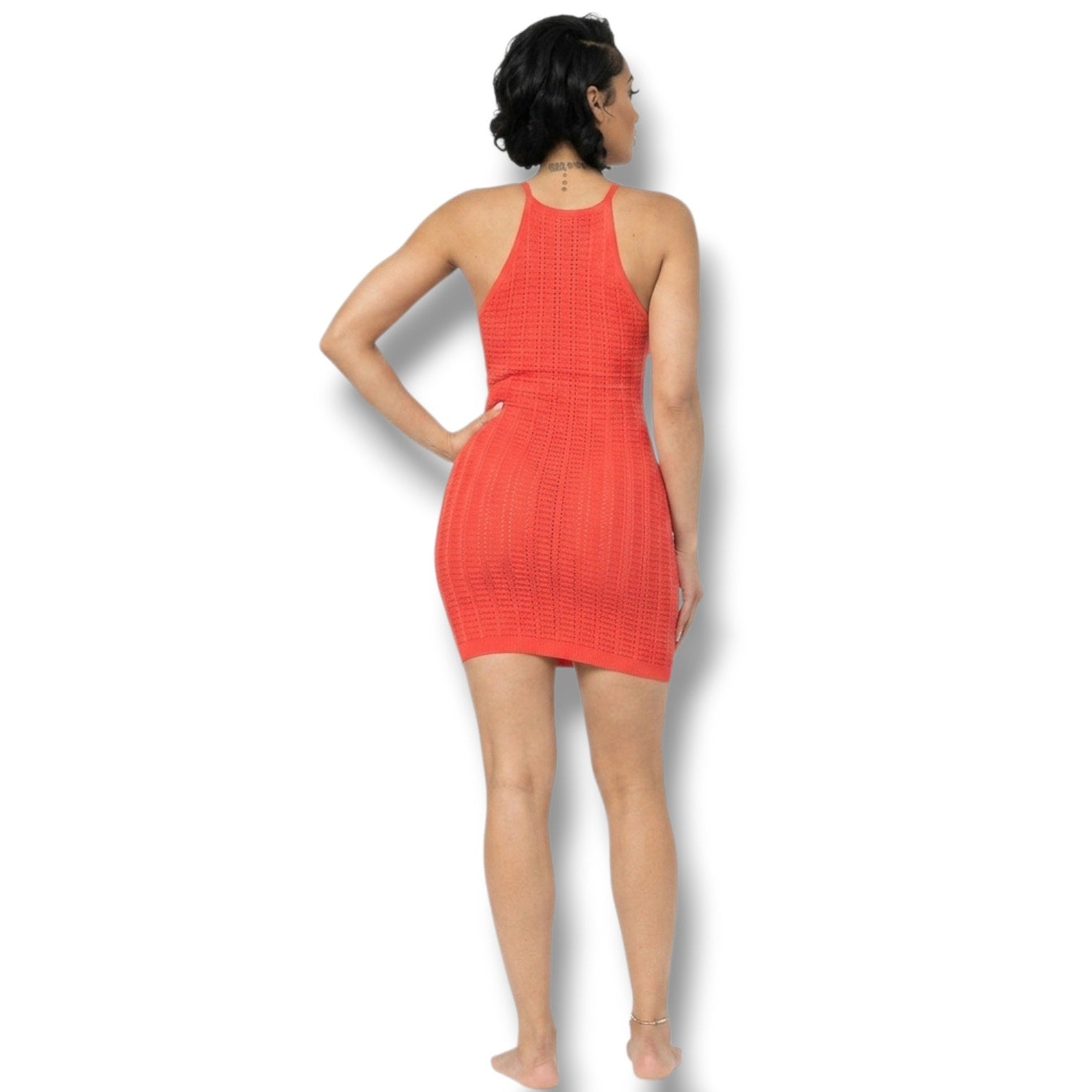 Hera Collection Women’s Orange Angelica Open-Knit Mini Dress – Size Medium