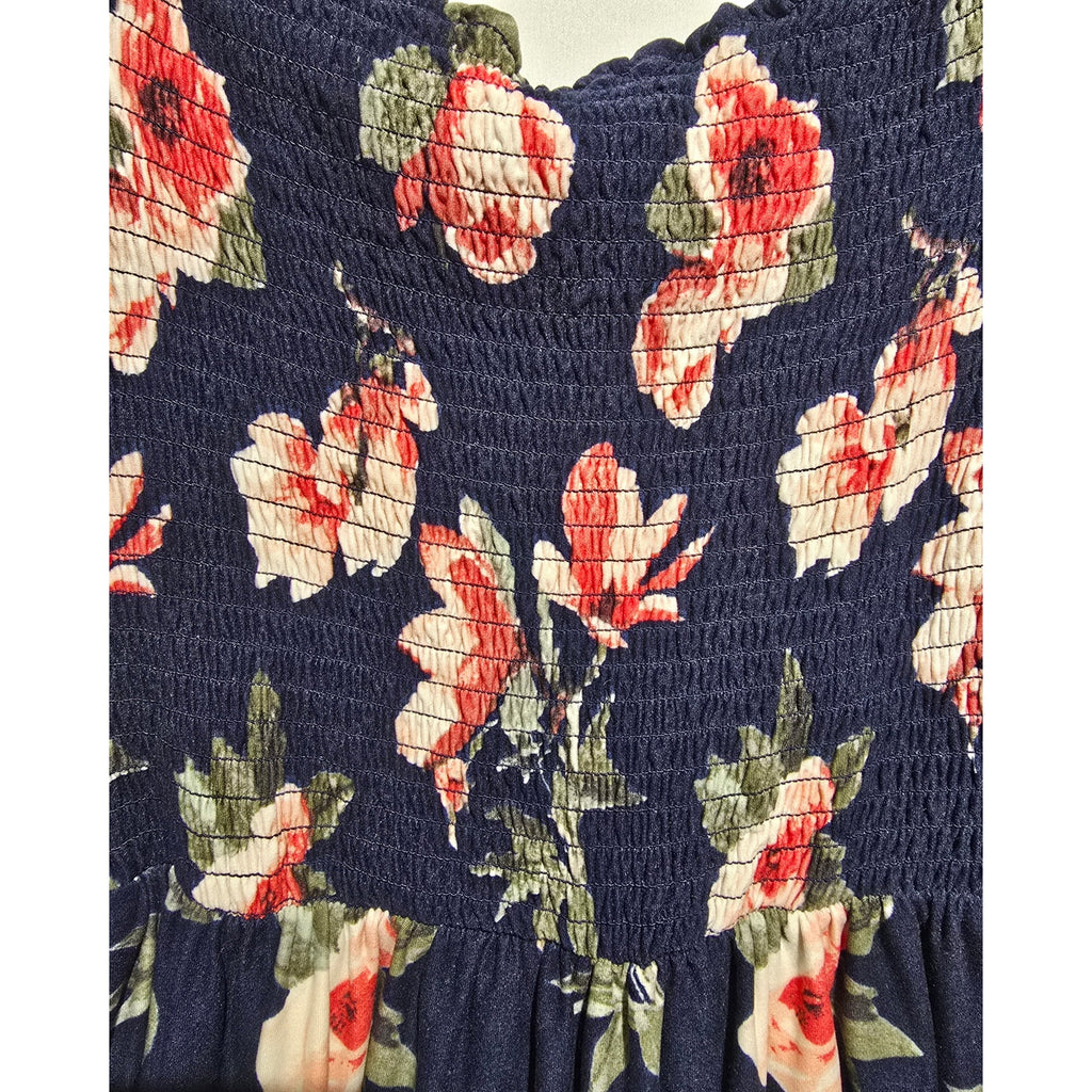 J for Just! Women's Navy Coral Floral Smocked Long Bishop Sleeve Mini Dress med