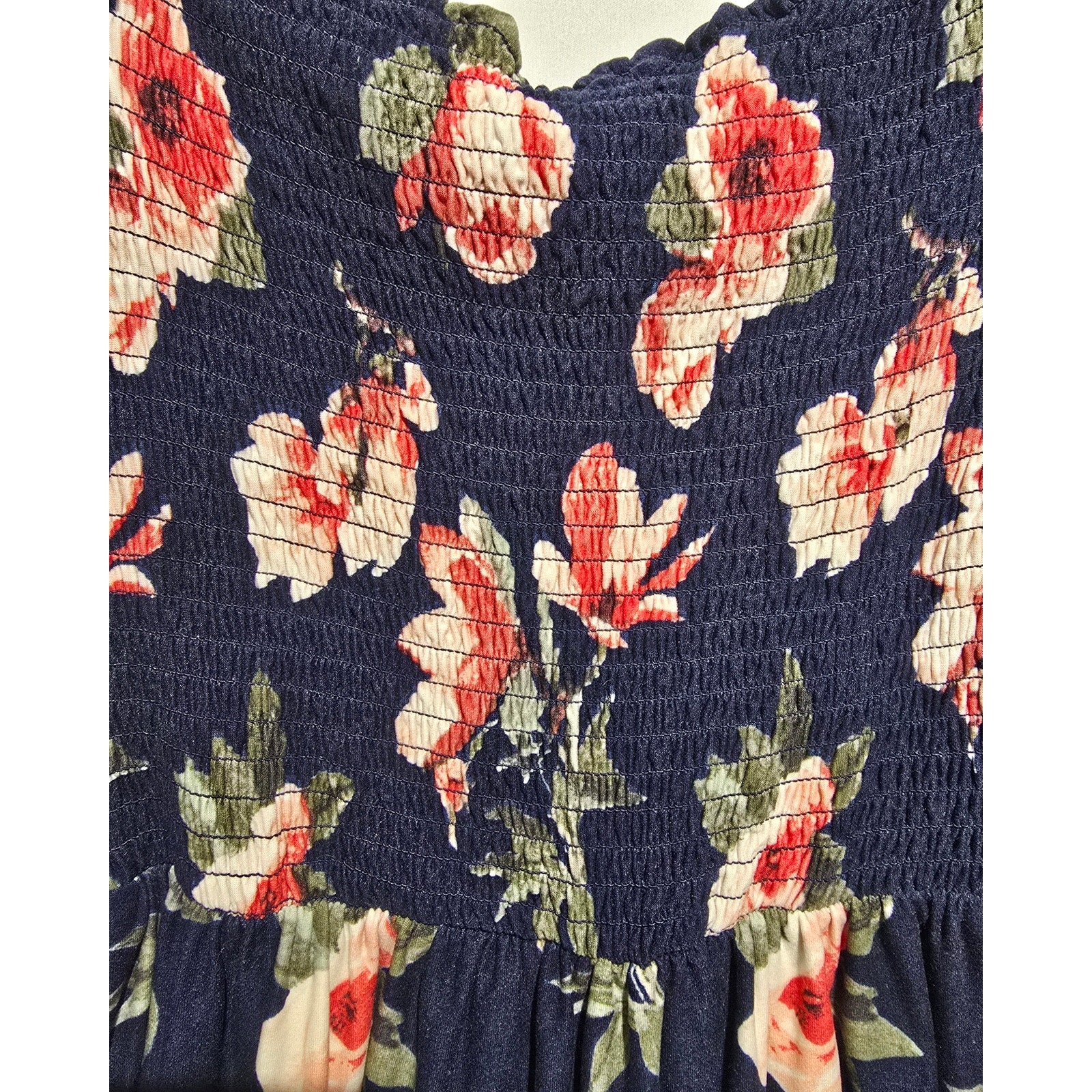 J for Just! Women's Navy Coral Floral Smocked Long Bishop Sleeve Mini Dress med