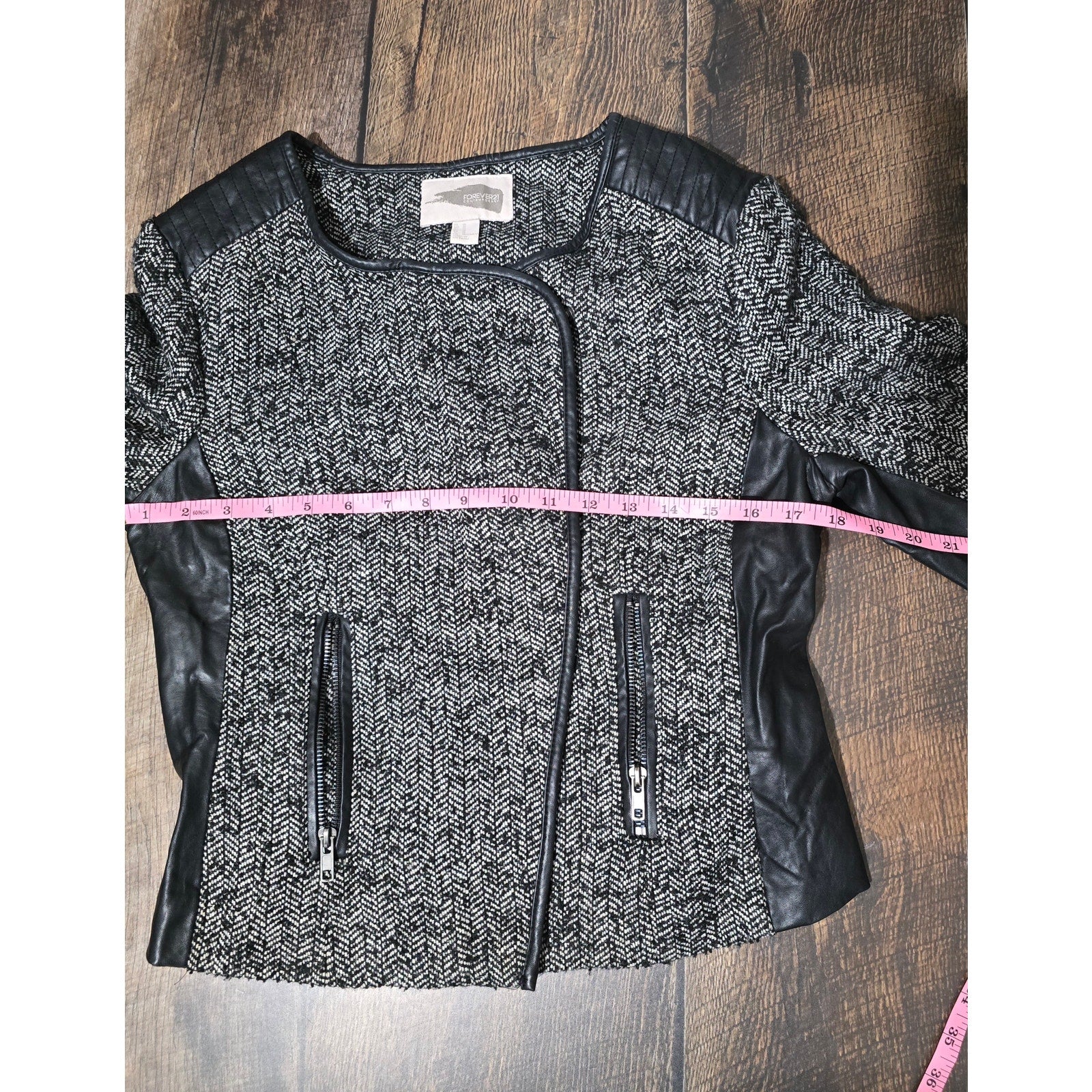 Forever 21 Contemporary women's Herringbone Faux Leather Trim Moto Jacket