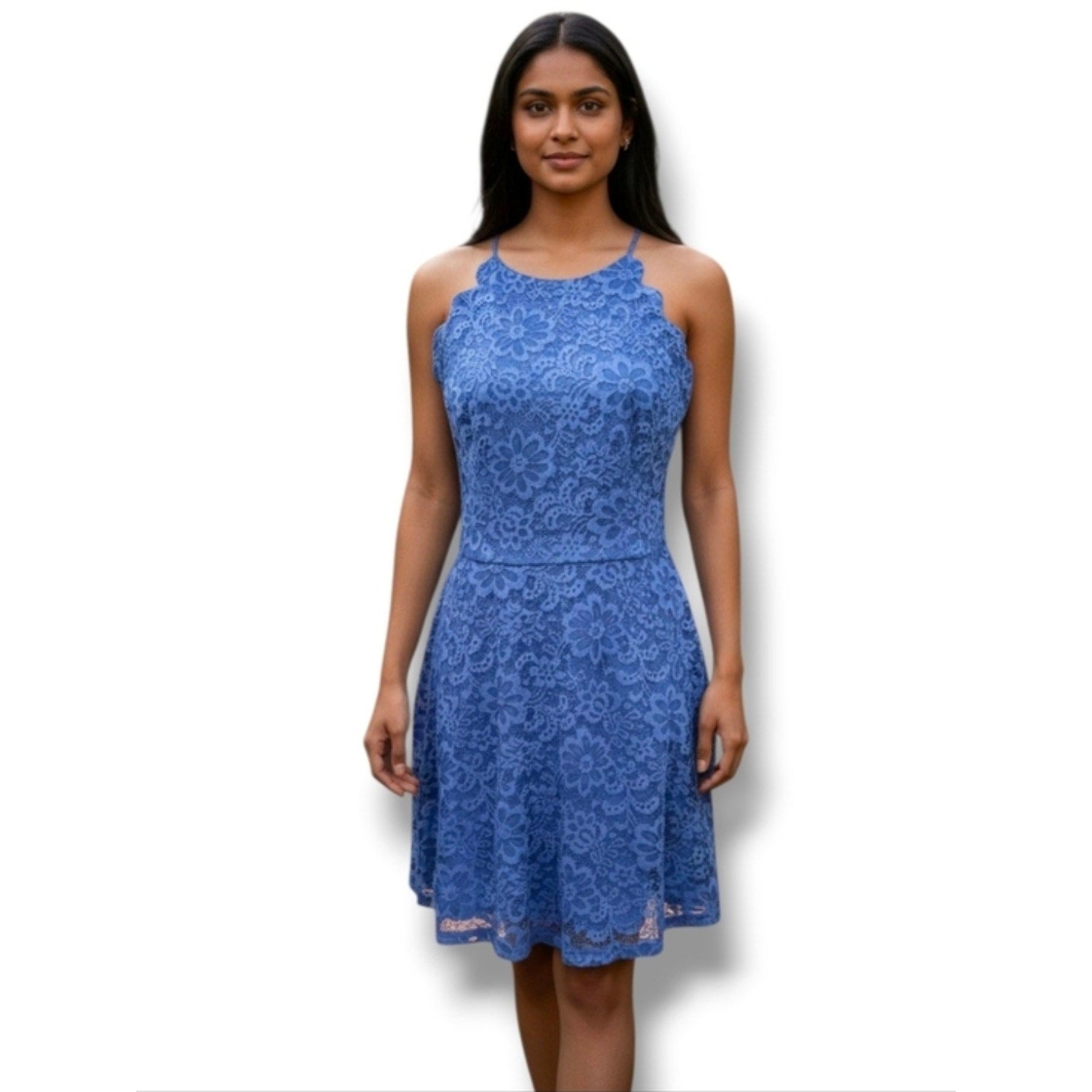 BCX Blue Lace Halter Dress Juniors Size 11 Scallop A-Line Cocktail Party Dress