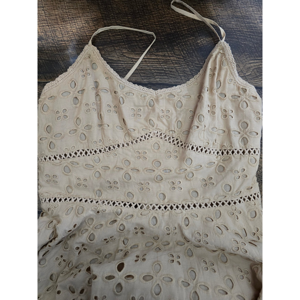 Venus Women's Size 12 Tan Beige Embroidered Cotton Eyelet A-Line Sundress NWT