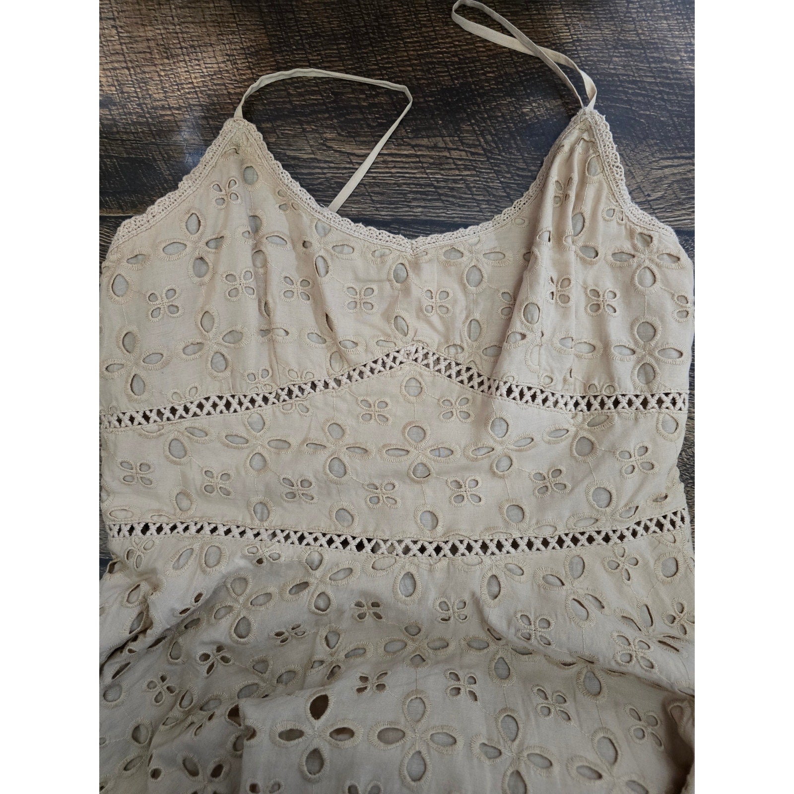 Venus Women's Size 12 Tan Beige Embroidered Cotton Eyelet A-Line Sundress NWT