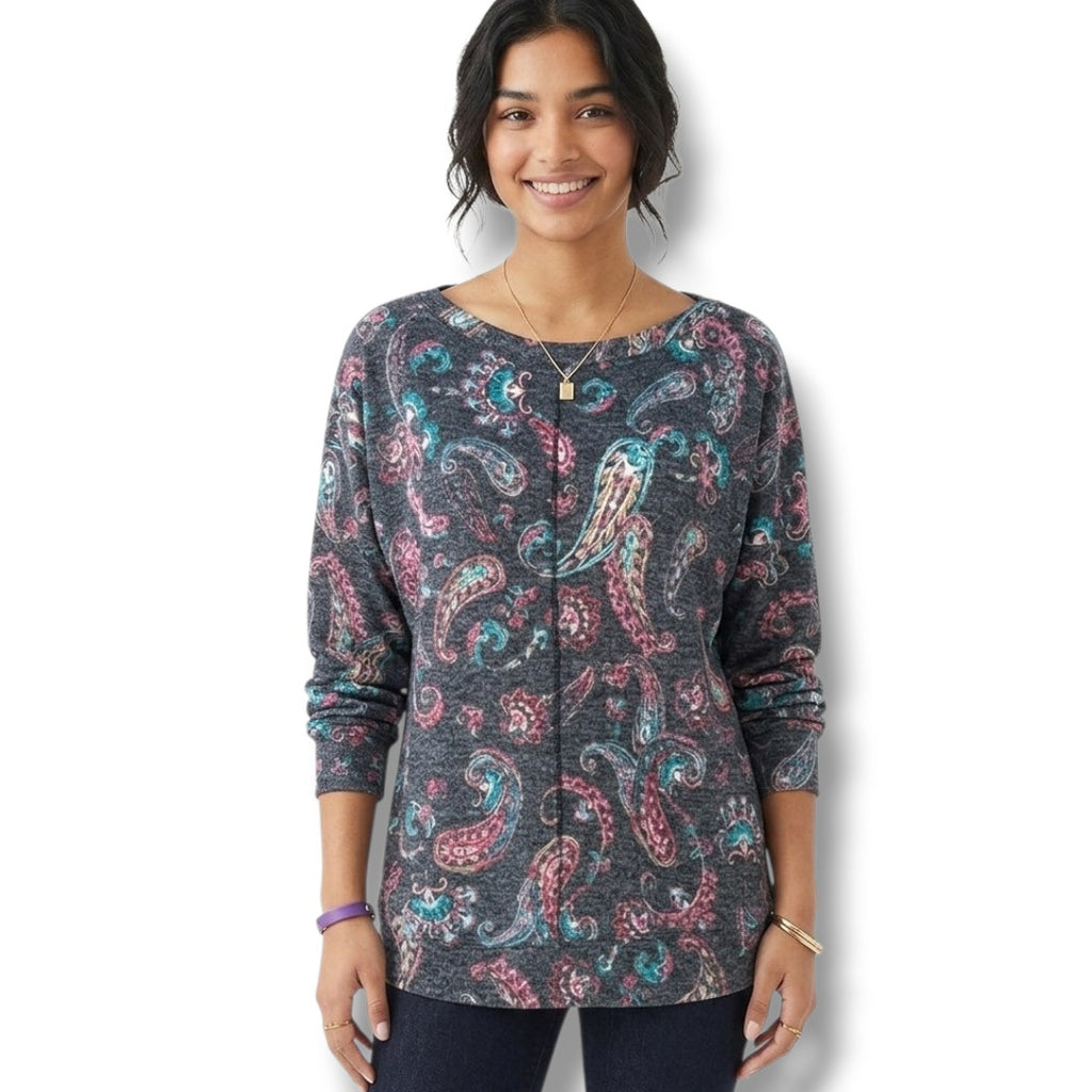 Maurices Women’s Snap Shoulder Paisley Blouse Top Gray Pink Blue – Size Small