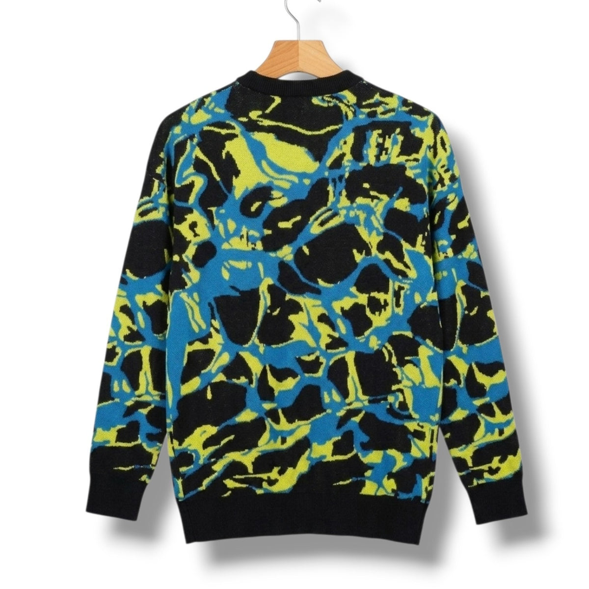 Zara Men's Abstract Camo Intarsia Knit Sweater Electric Blue Yellow Small
