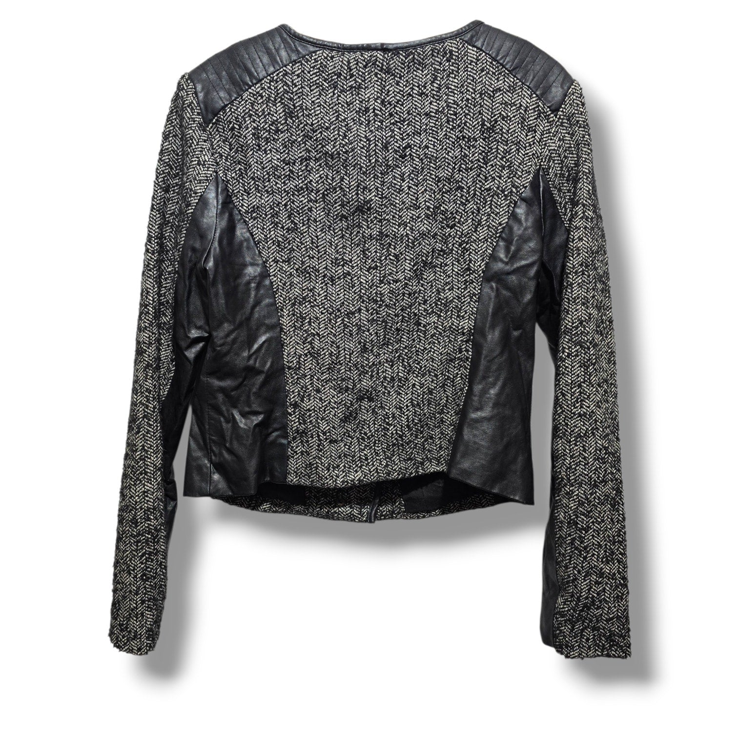 Forever 21 Contemporary women's Herringbone Faux Leather Trim Moto Jacket