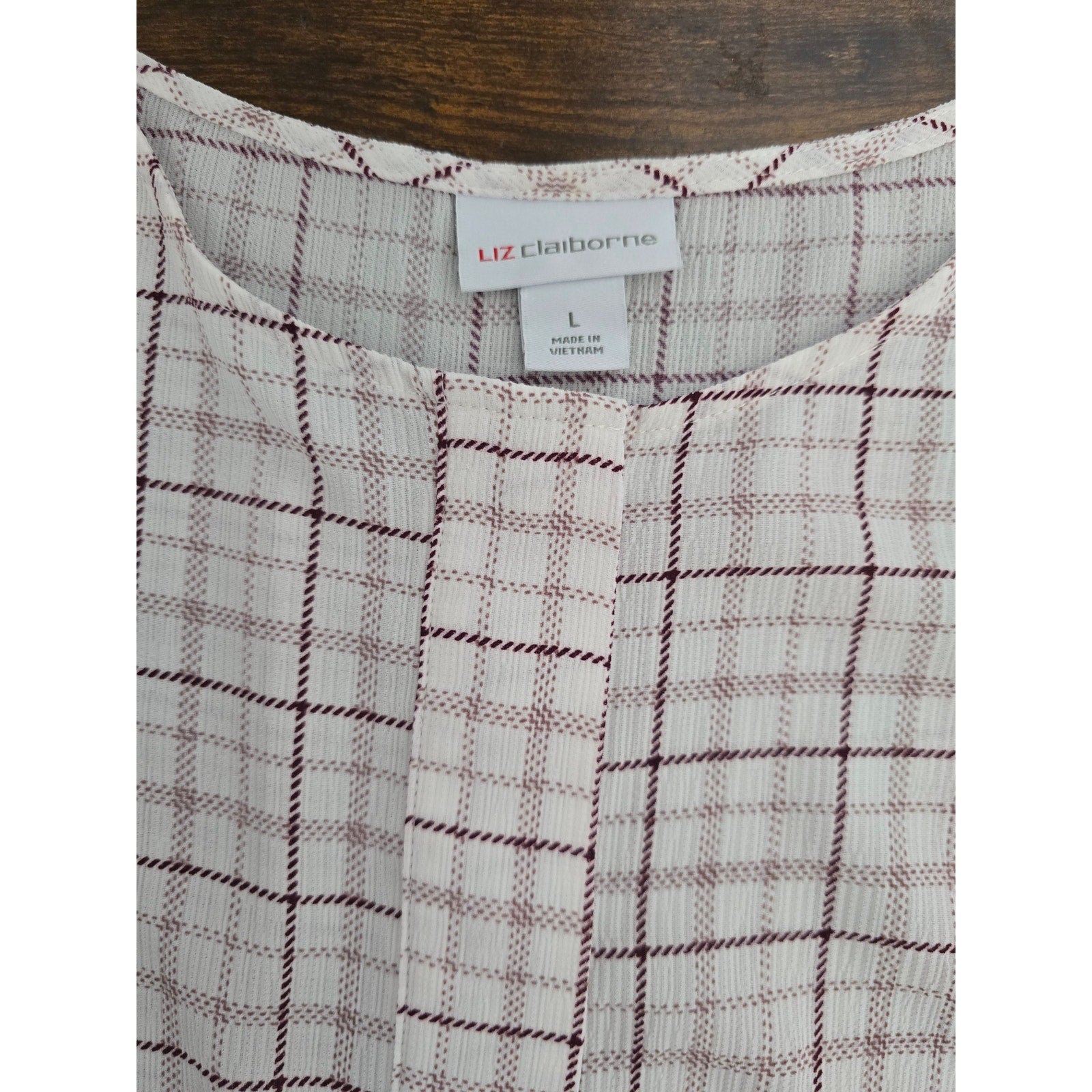 Liz Claiborne Women's Large cream Burgundy Plaid 3/4 Sleeve Blouse Top