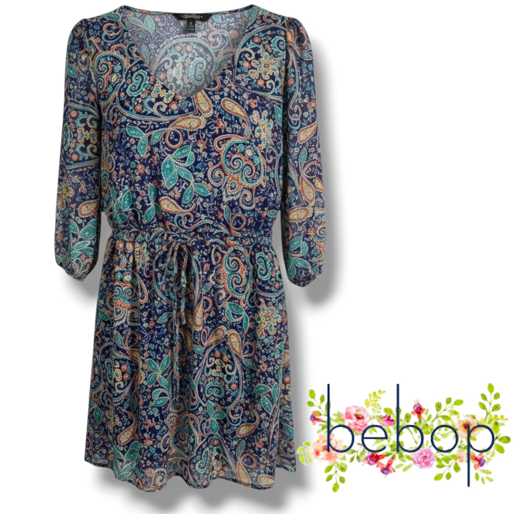 BeBop Women’s Navy Paisley Boho Chiffon Lined Mini Dress – Size Medium