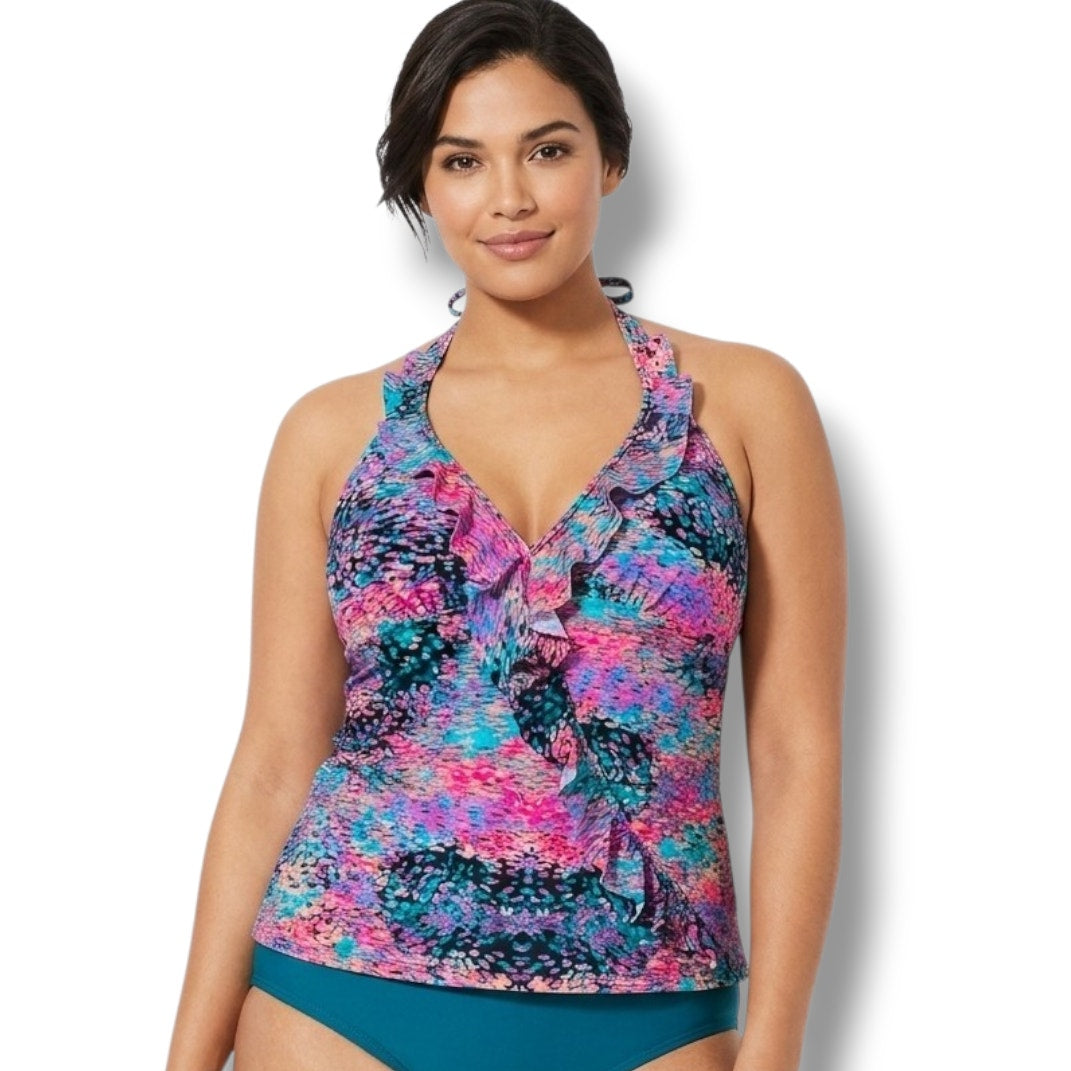 Spanx Love Your Assets Sara Blakely Women’s Ruffled Halter Tankini Swim Top Small