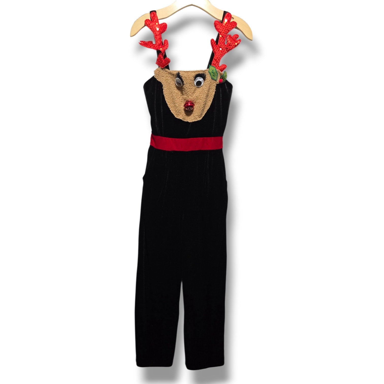No Boundaries juniors Black Velvet Reindeer Christmas Jumpsuit
