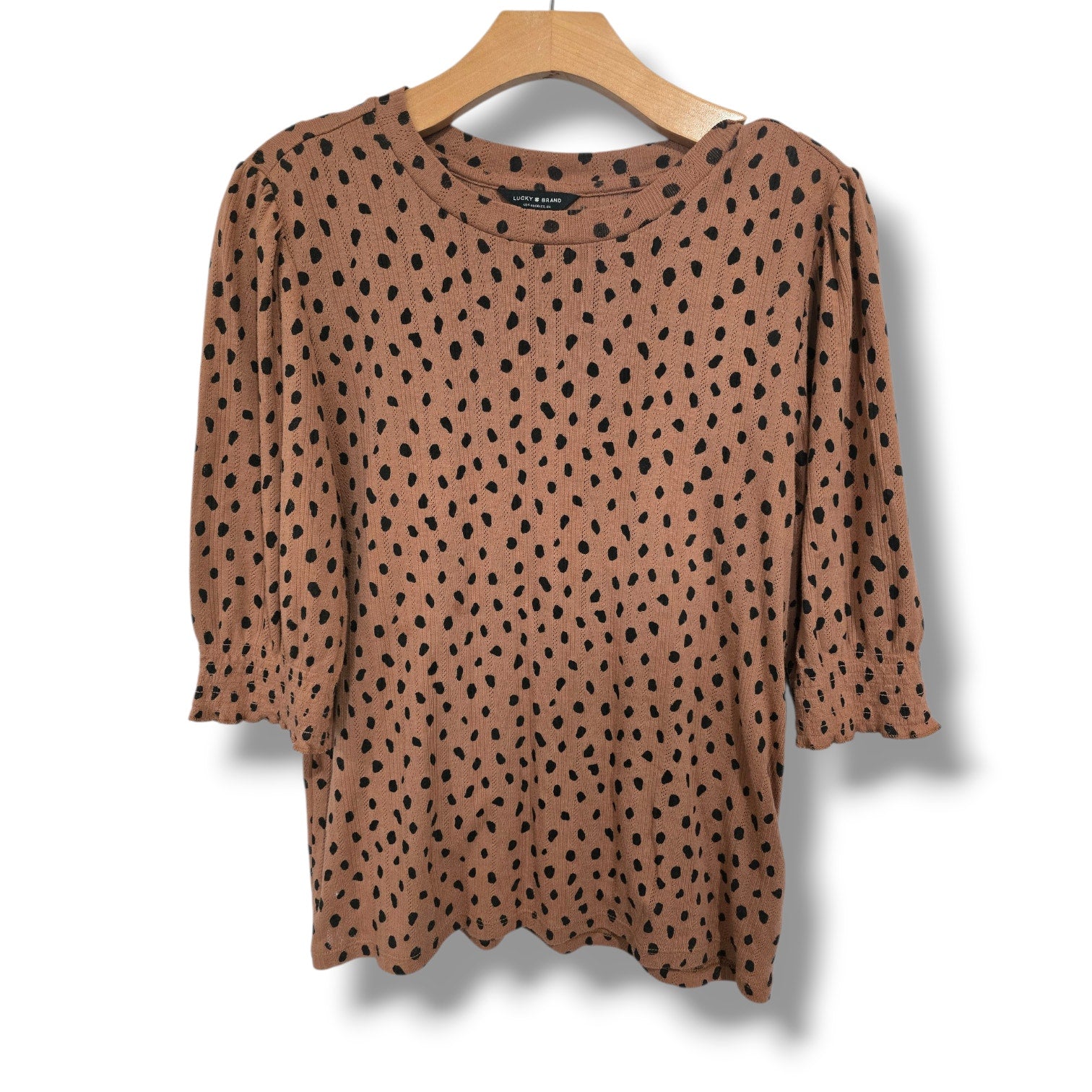Lucky Brand women's Brown Spotted Puff Sleeve Pointelle Knit Top Large