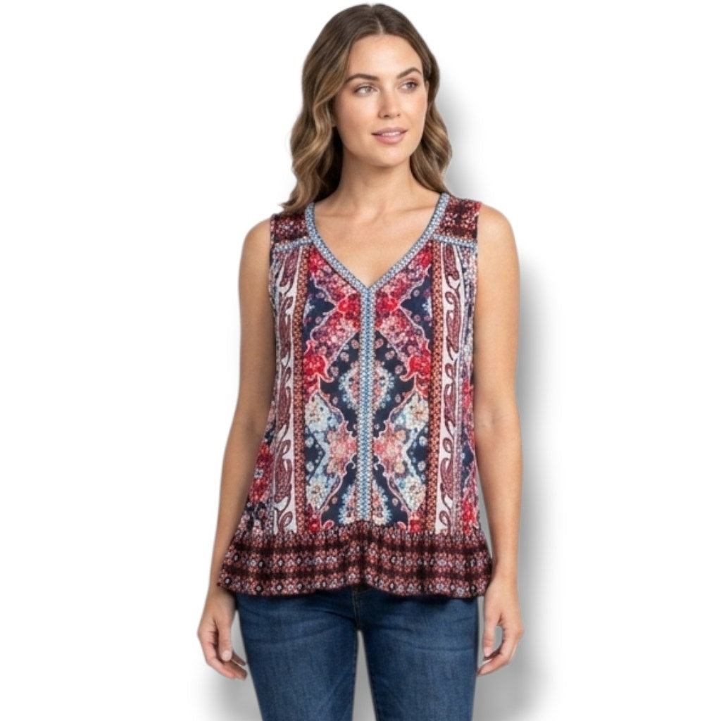 Bila women's Geometric Paisley Embroidered Split Neck Tank Top