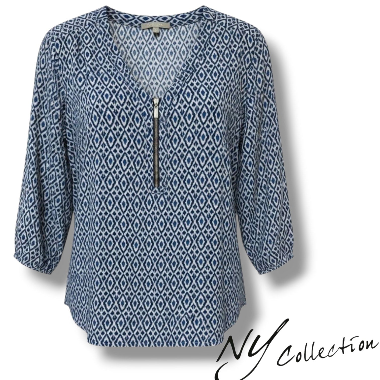 NY Collection Petite Blue Geometric Zip Front Blouse – PL, gently used
